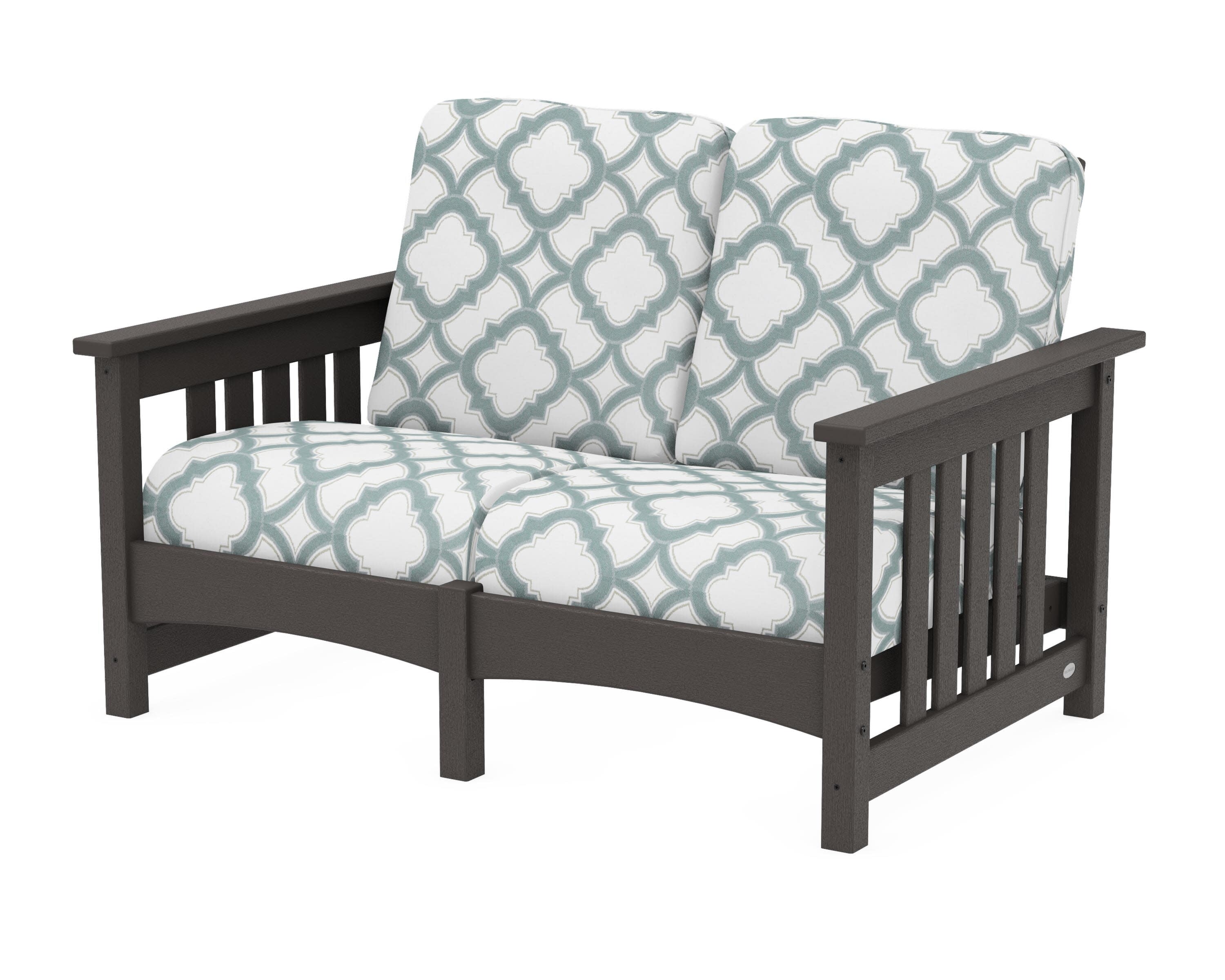 Club Mission Loveseat in Vintage Coffee / Trellis Glacier Spa