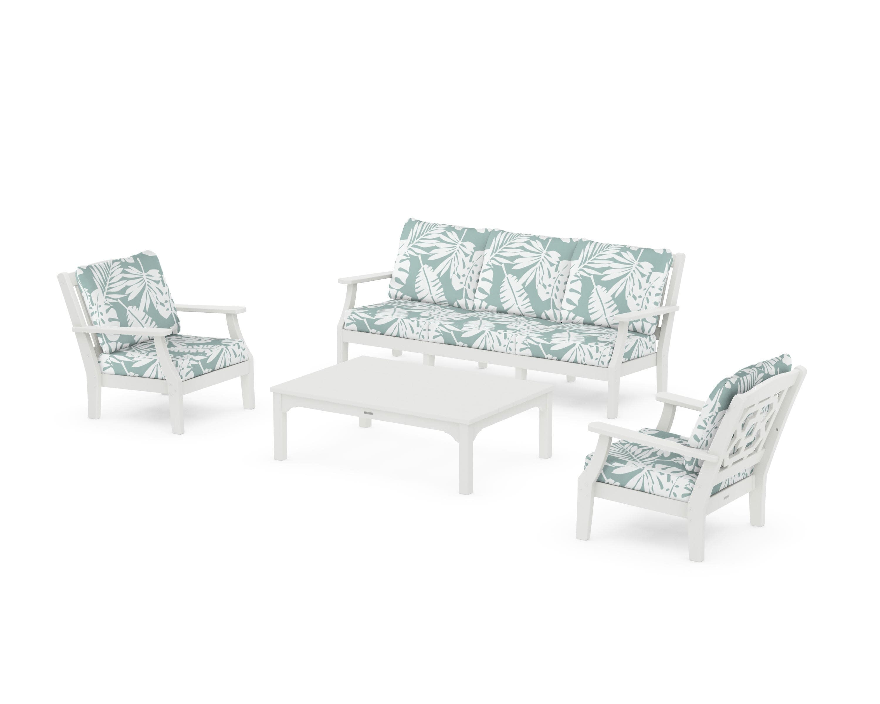 Chinoiserie 4-Piece Deep Seating Set with Sofa in Vintage White / Leaf Glacier Spa