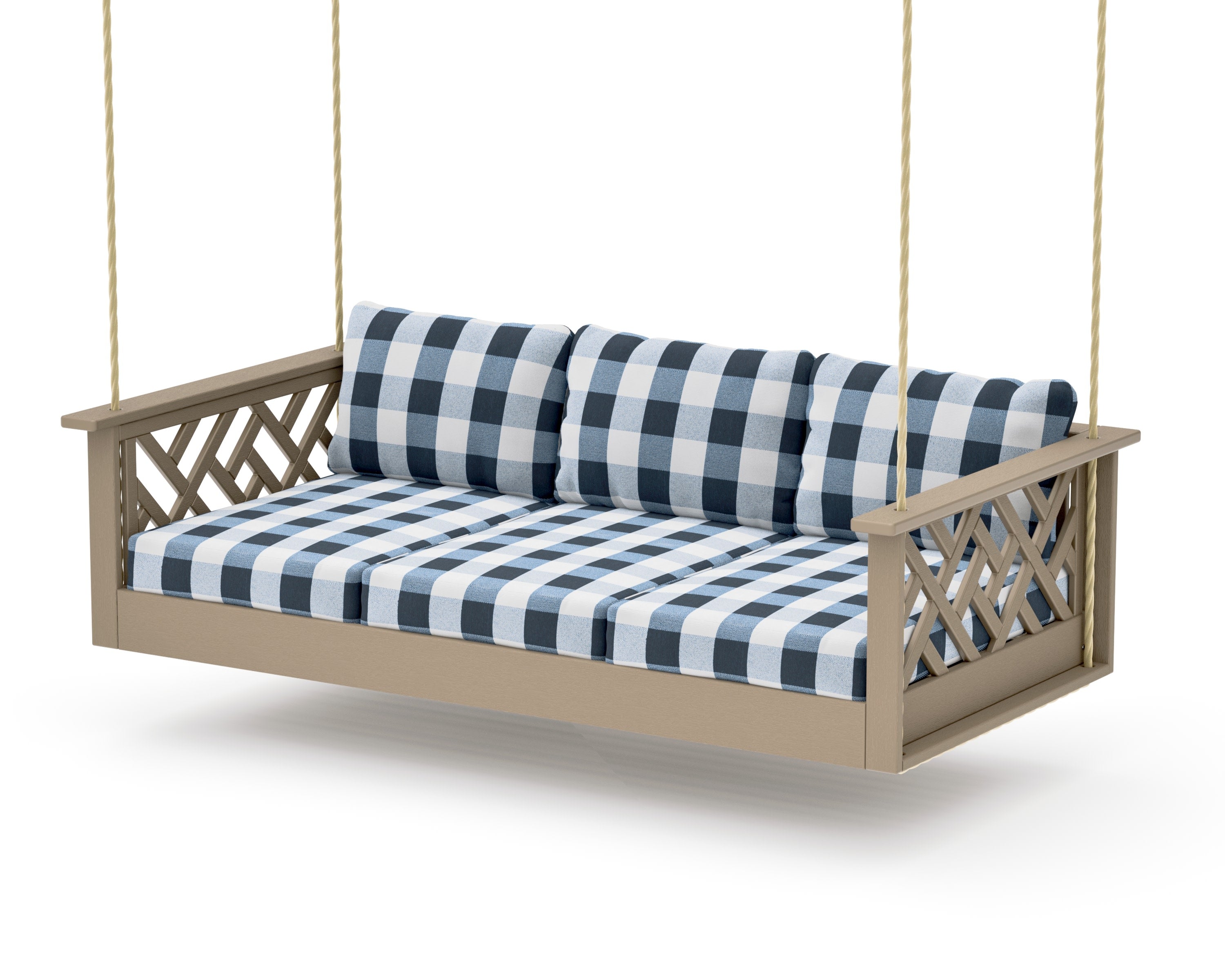 Chippendale Daybed Swing in Vintage Sahara / Buffalo Plaid Marine Indigo