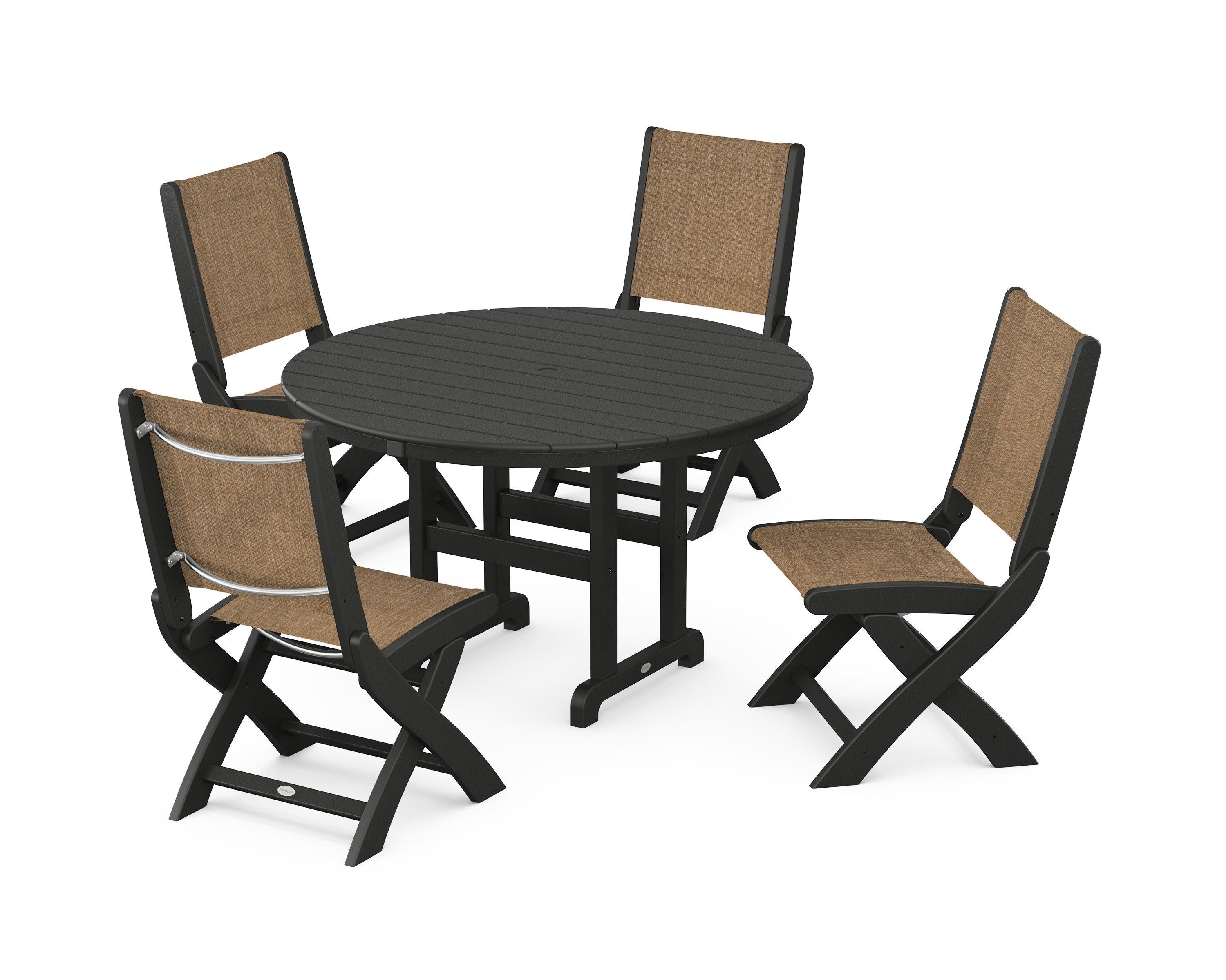 Coastal Folding Side Chair 5-Piece Round Dining Set in Black / Burlap Sling