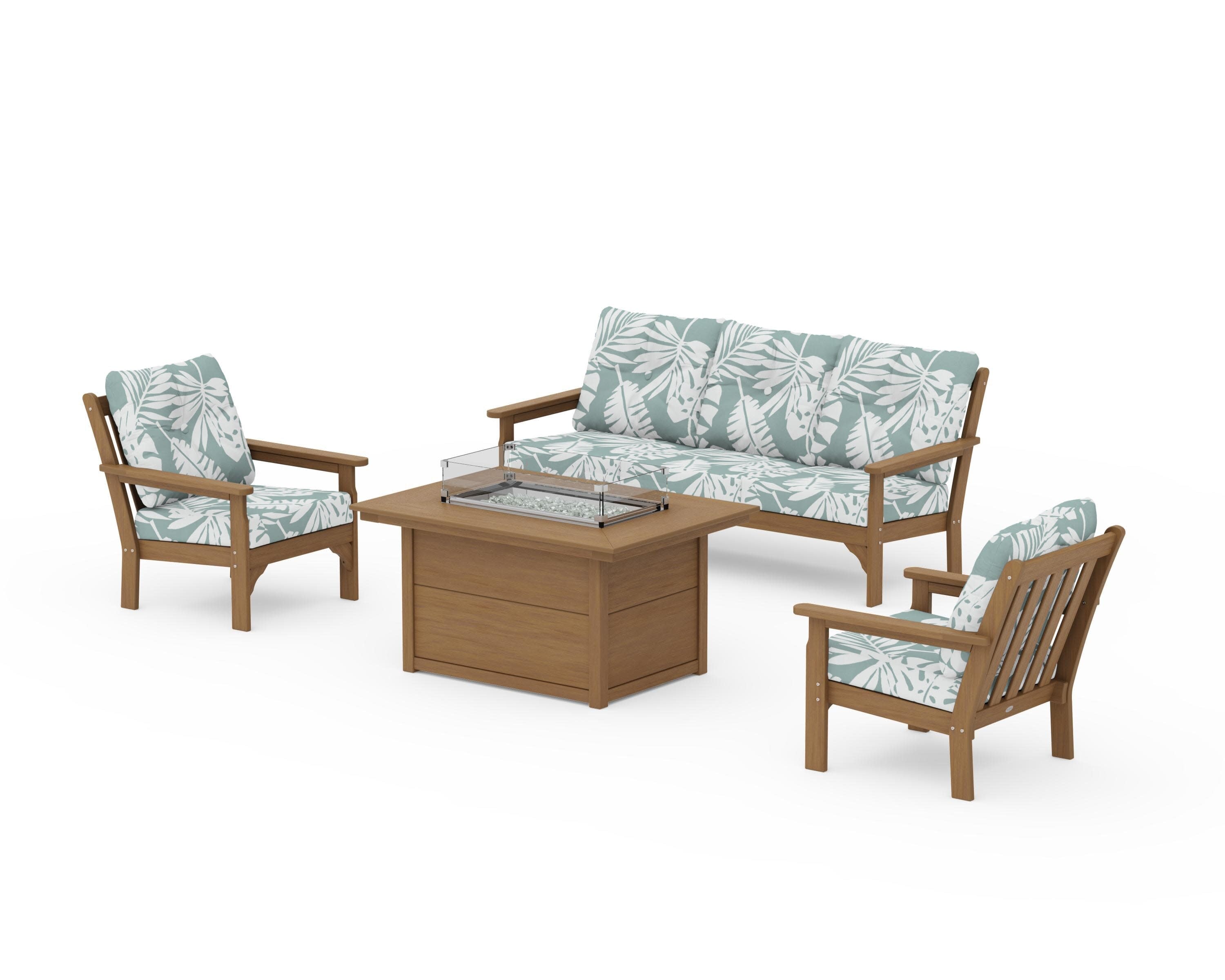 Vineyard Deep Seating Fire Pit Table Set in Natural / Leaf Glacier Spa