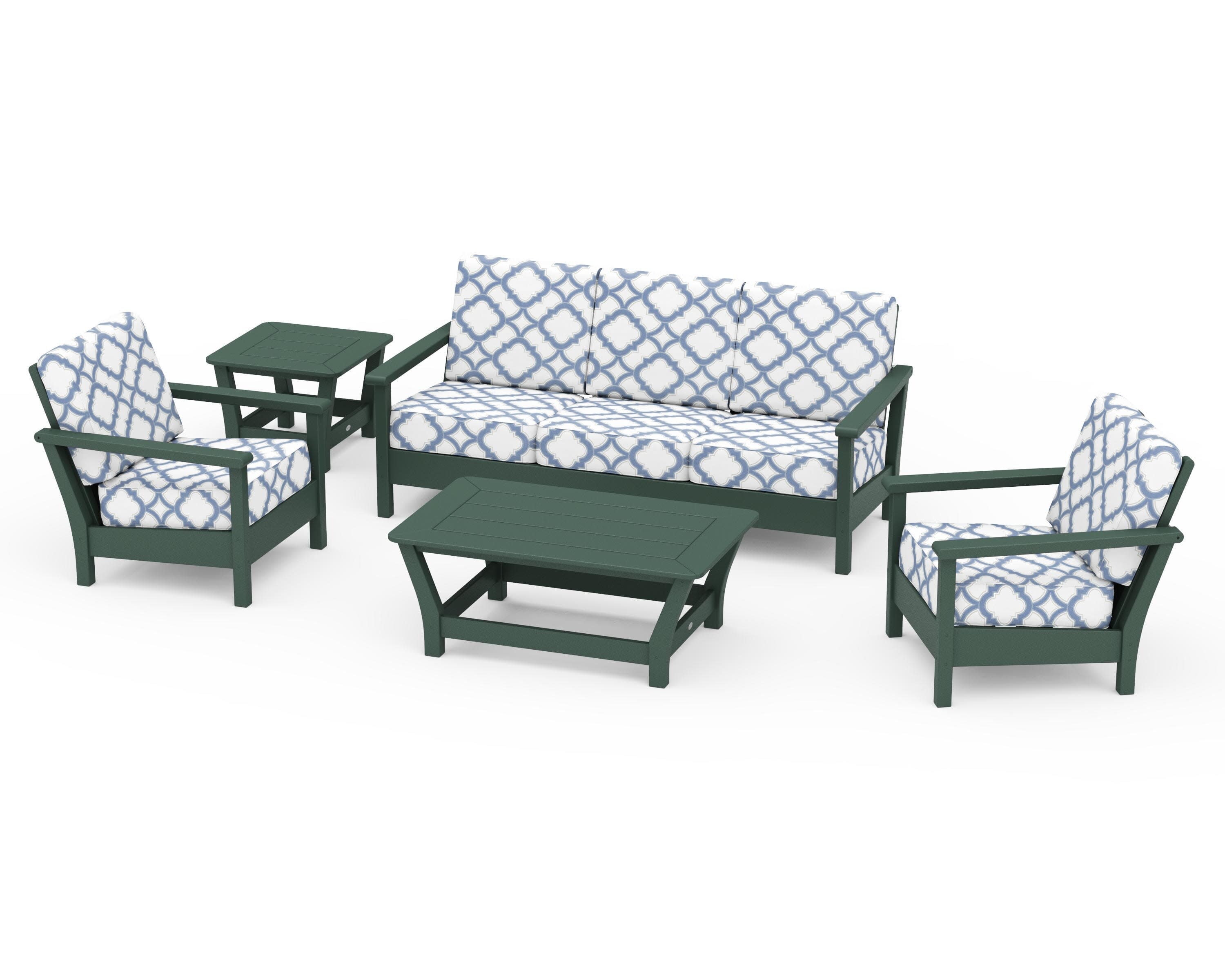 Harbour 5-Piece Deep Seating Set in Green / Trellis Sky Blue