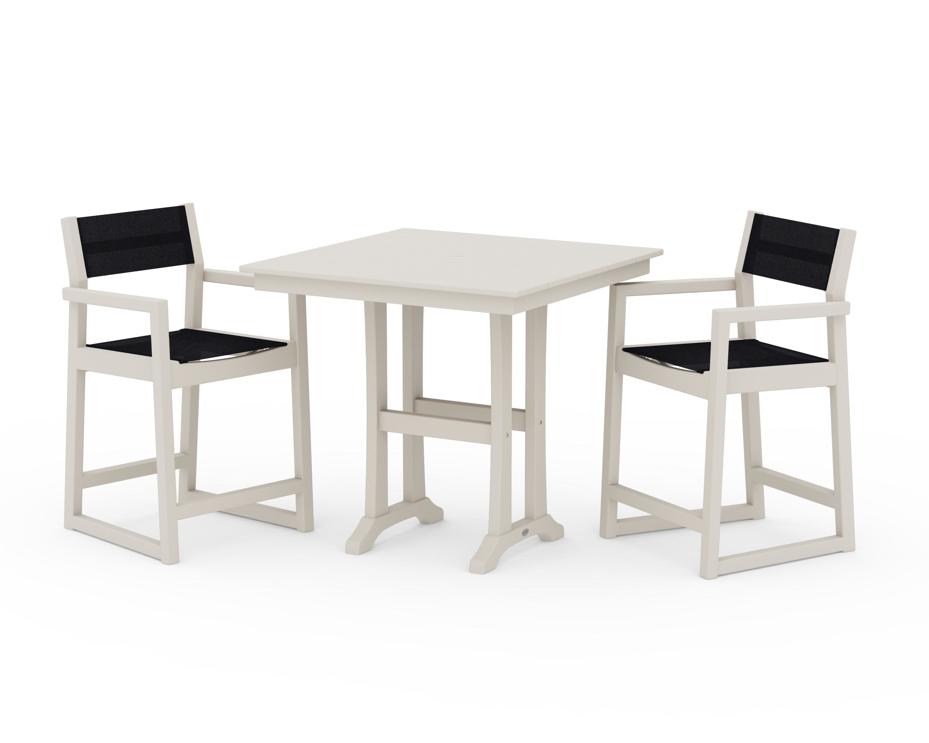 EDGE Sling Arm Chair 3-Piece Farmhouse Counter Set with Trestle Legs in Sand / Black Sling