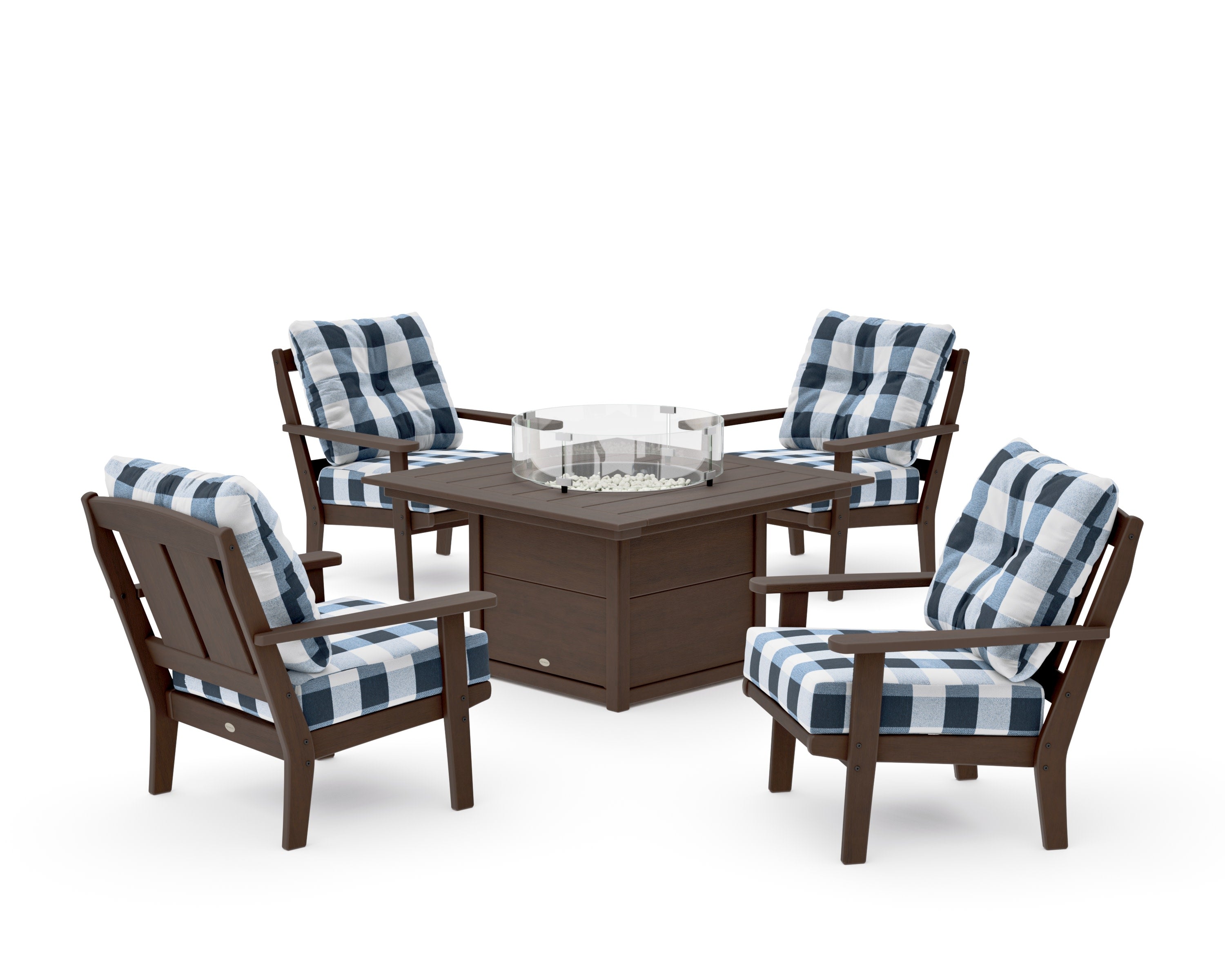 Mission 5-Piece Deep Seating Set with Fire Pit Table in Kona / Buffalo Plaid Marine Indigo