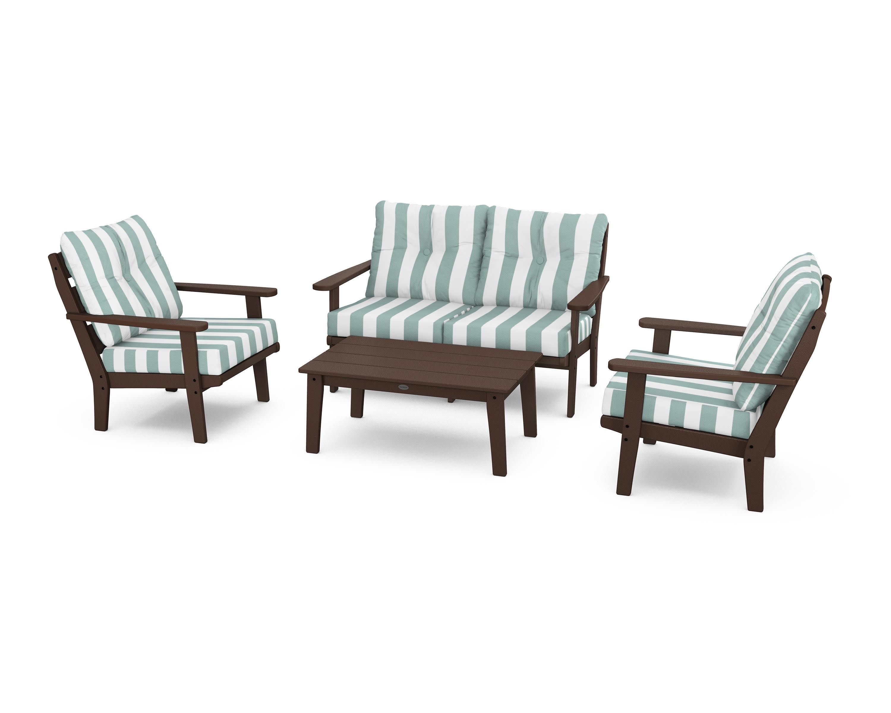 Lakeside 4-Piece Deep Seating Set in Mahogany / Cabana Stripe Glacier Spa