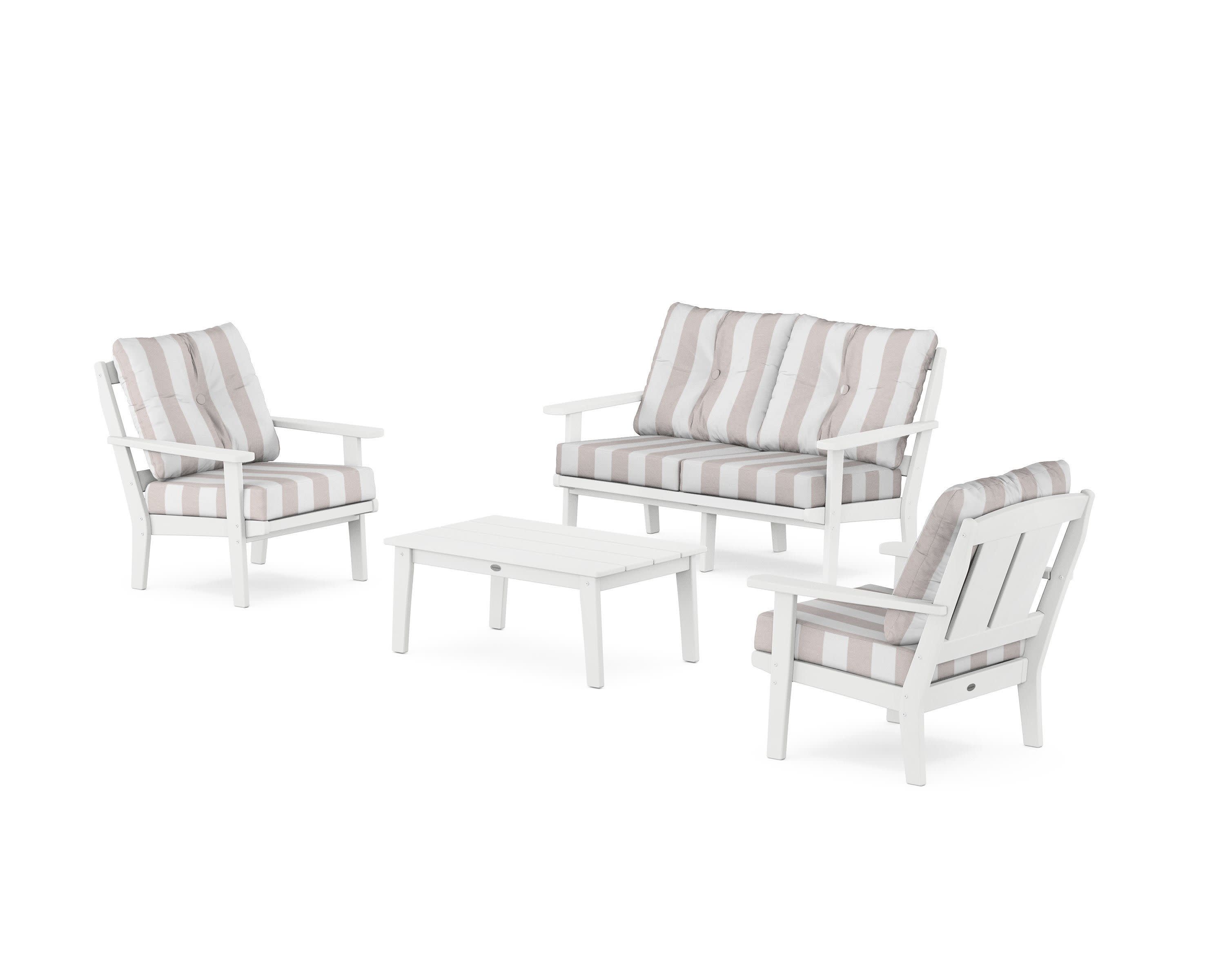 Mission 4-Piece Deep Seating Set with Loveseat in White / Cabana Stripe Dune Burlap