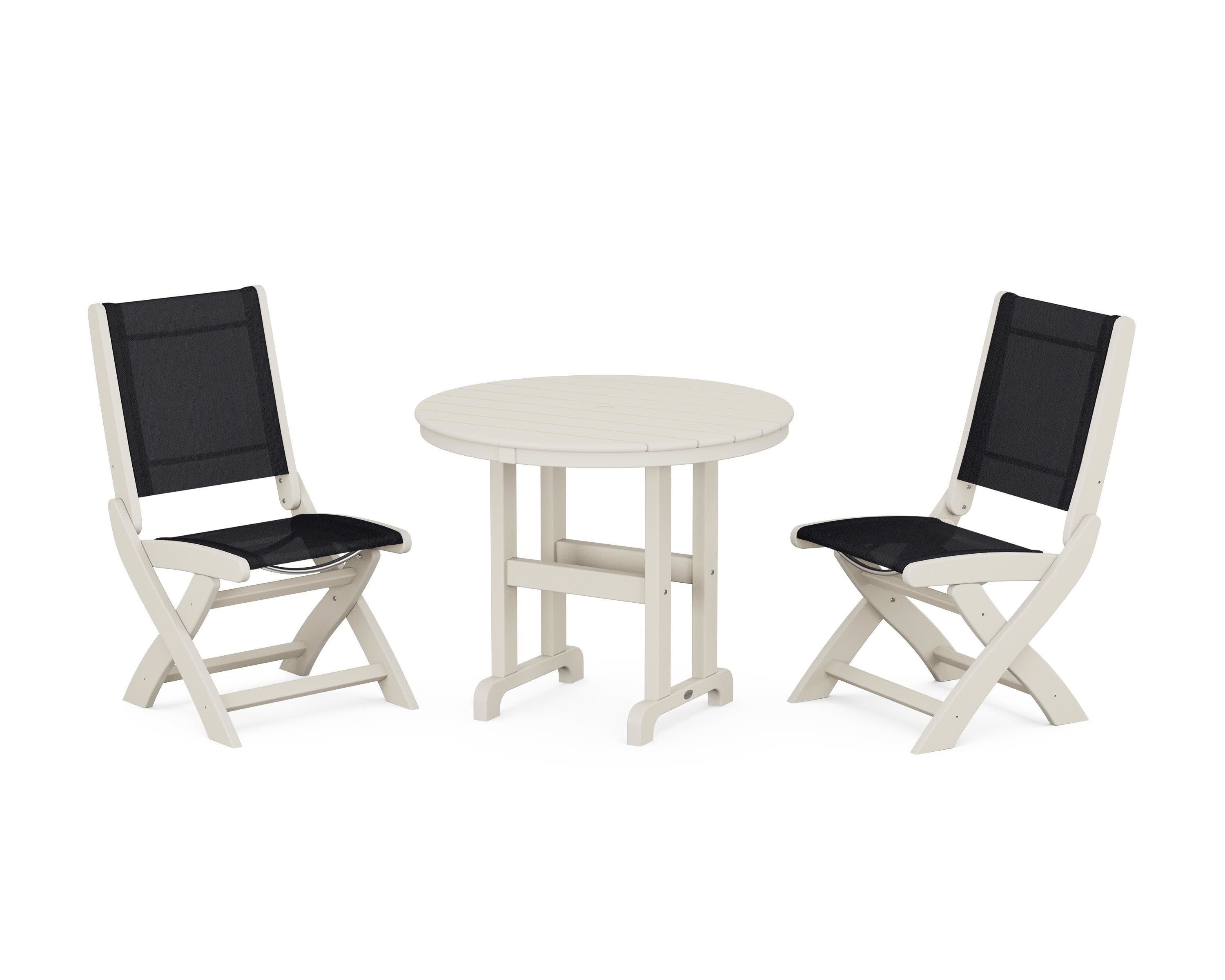 Coastal Folding Side Chair 3-Piece Round Dining Set in Sand / Black Sling