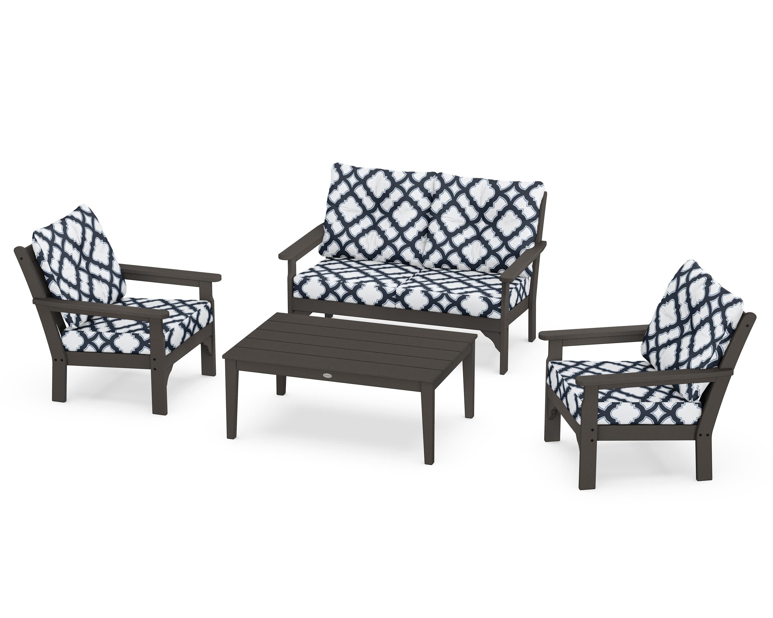 Vineyard 4-Piece Deep Seating Set in Vintage Coffee / Trellis Marine Indigo