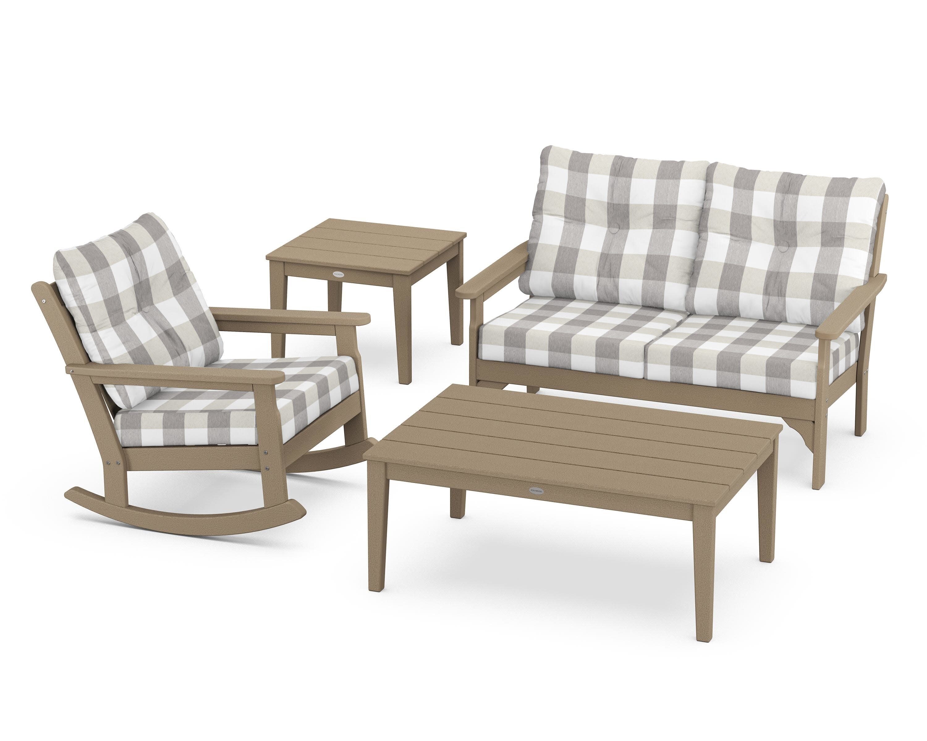 Vineyard 4-Piece Deep Seating Rocker Set in Vintage Sahara / Buffalo Plaid Grey Mist