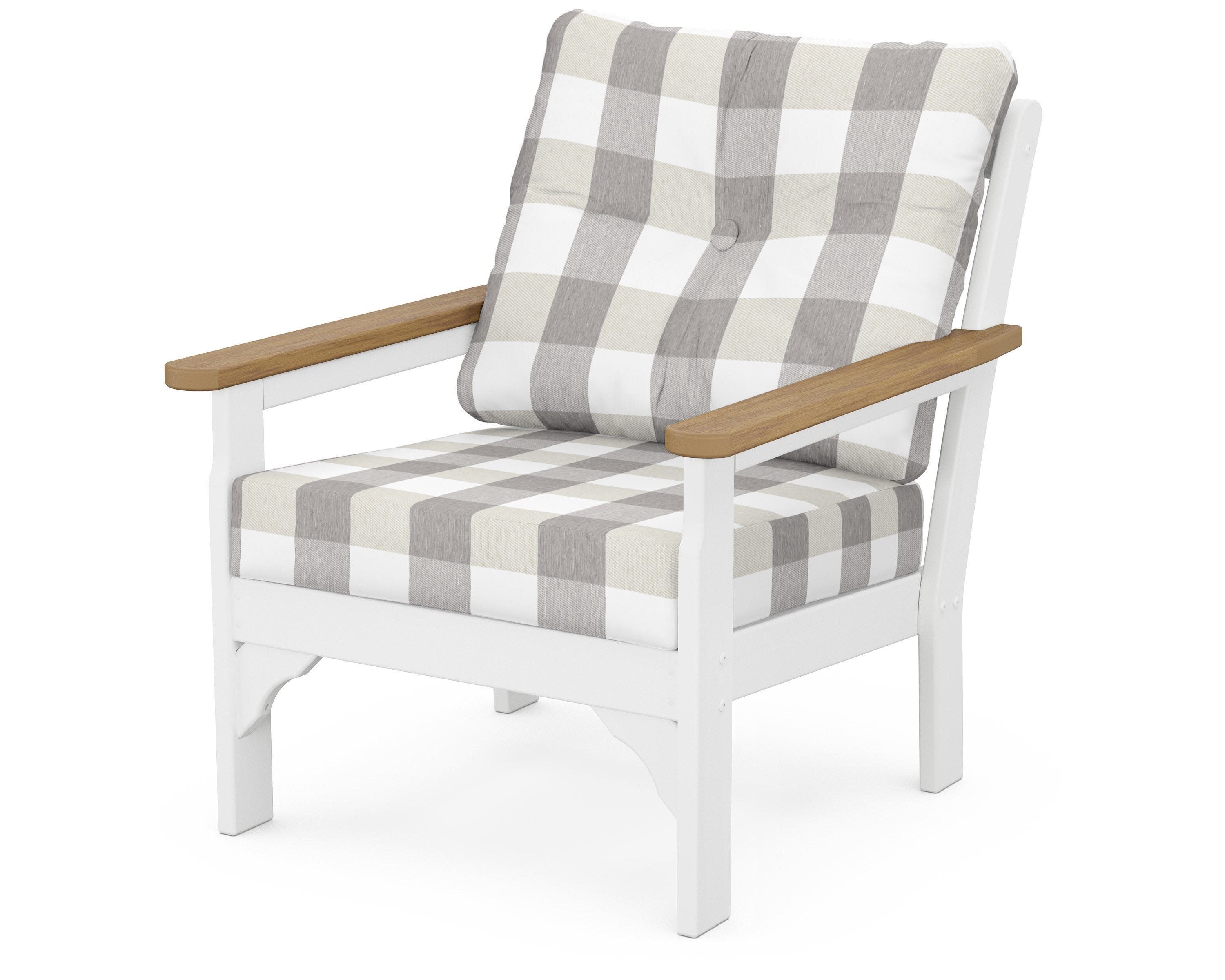 Vineyard Deep Seating Chair in White / Natural / Buffalo Plaid Grey Mist