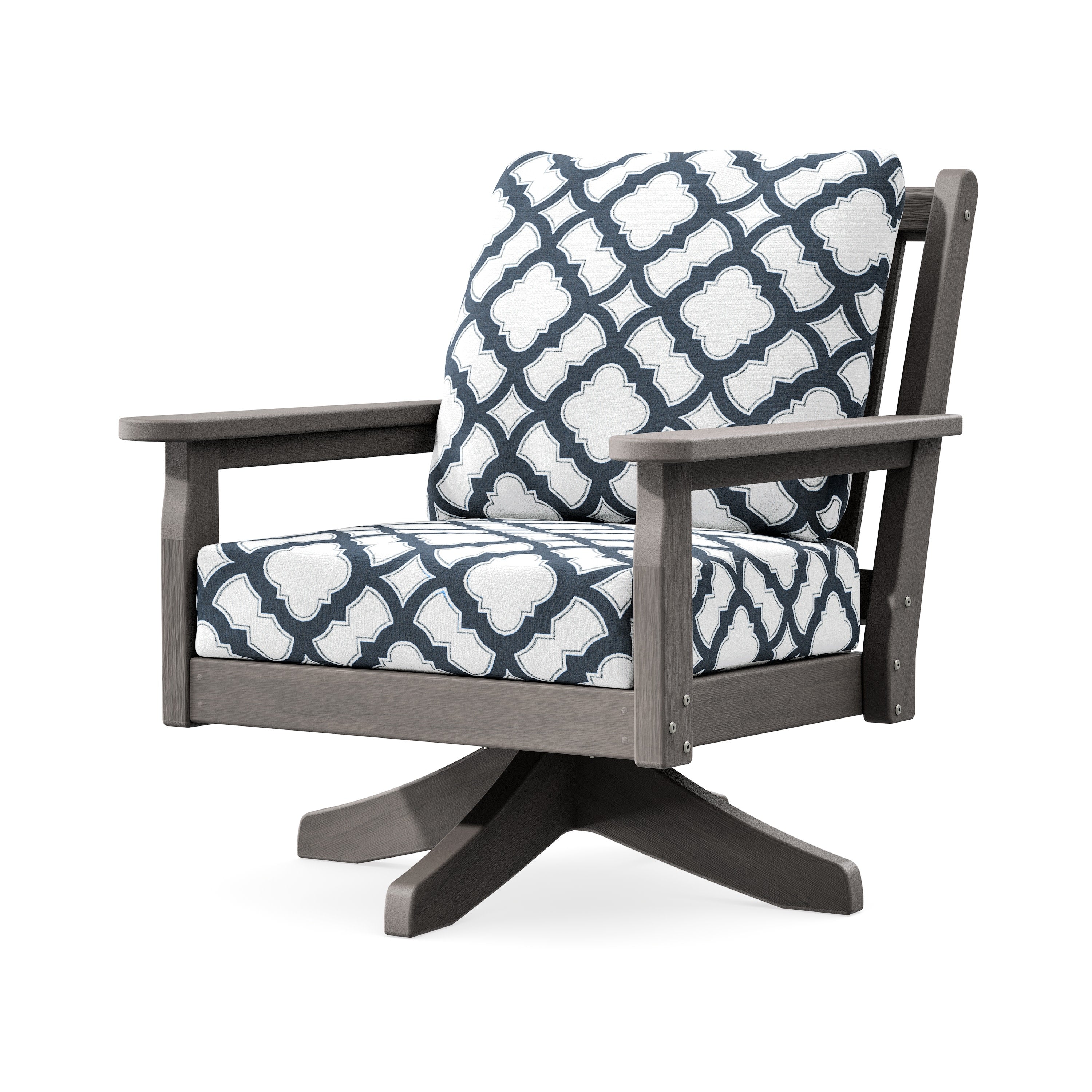 Chippendale Deep Seating Swivel Chair in Driftwood / Trellis Marine Indigo