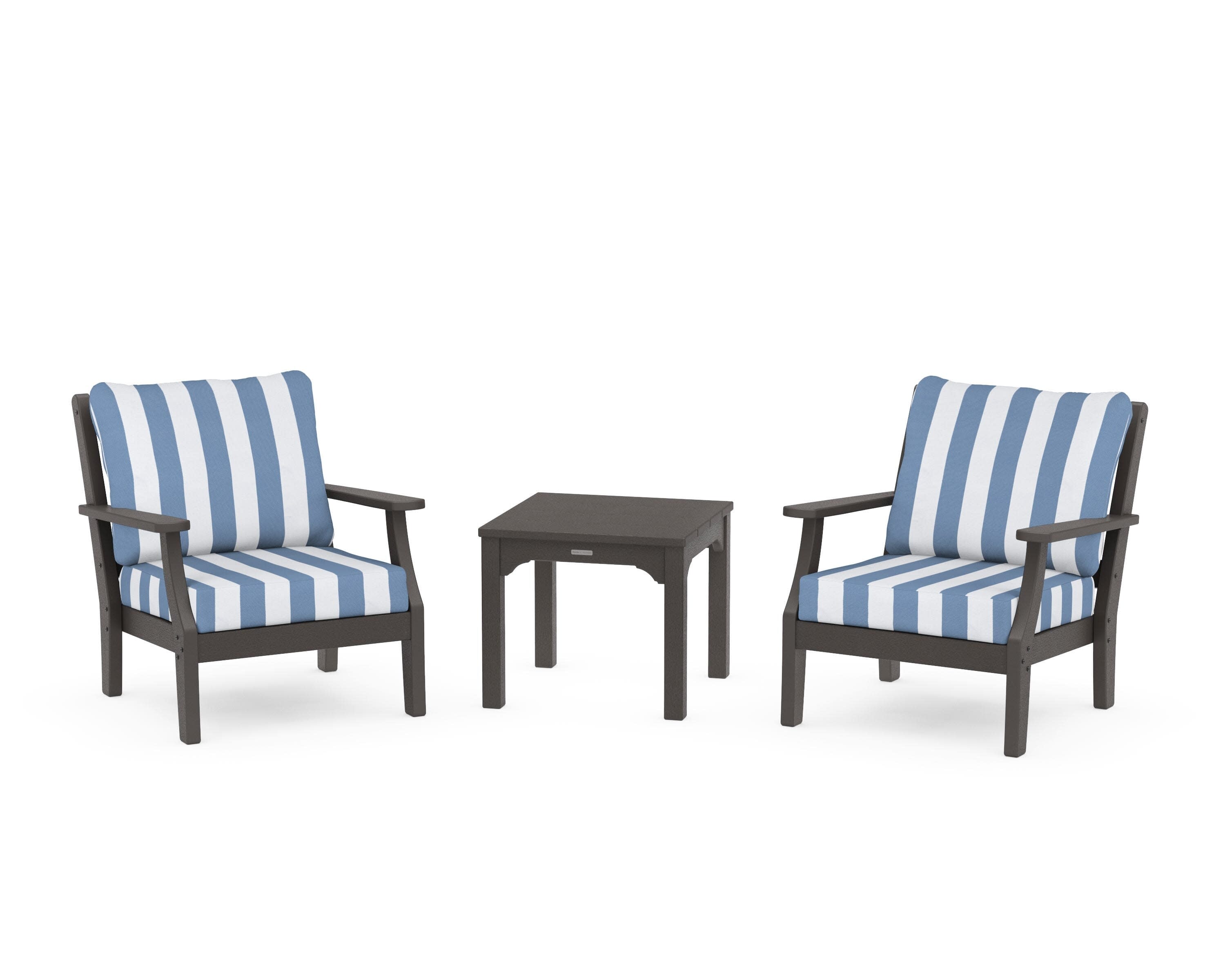 Chinoiserie 3-Piece Deep Seating Set in Vintage Coffee / Cabana Stripe Sky Blue