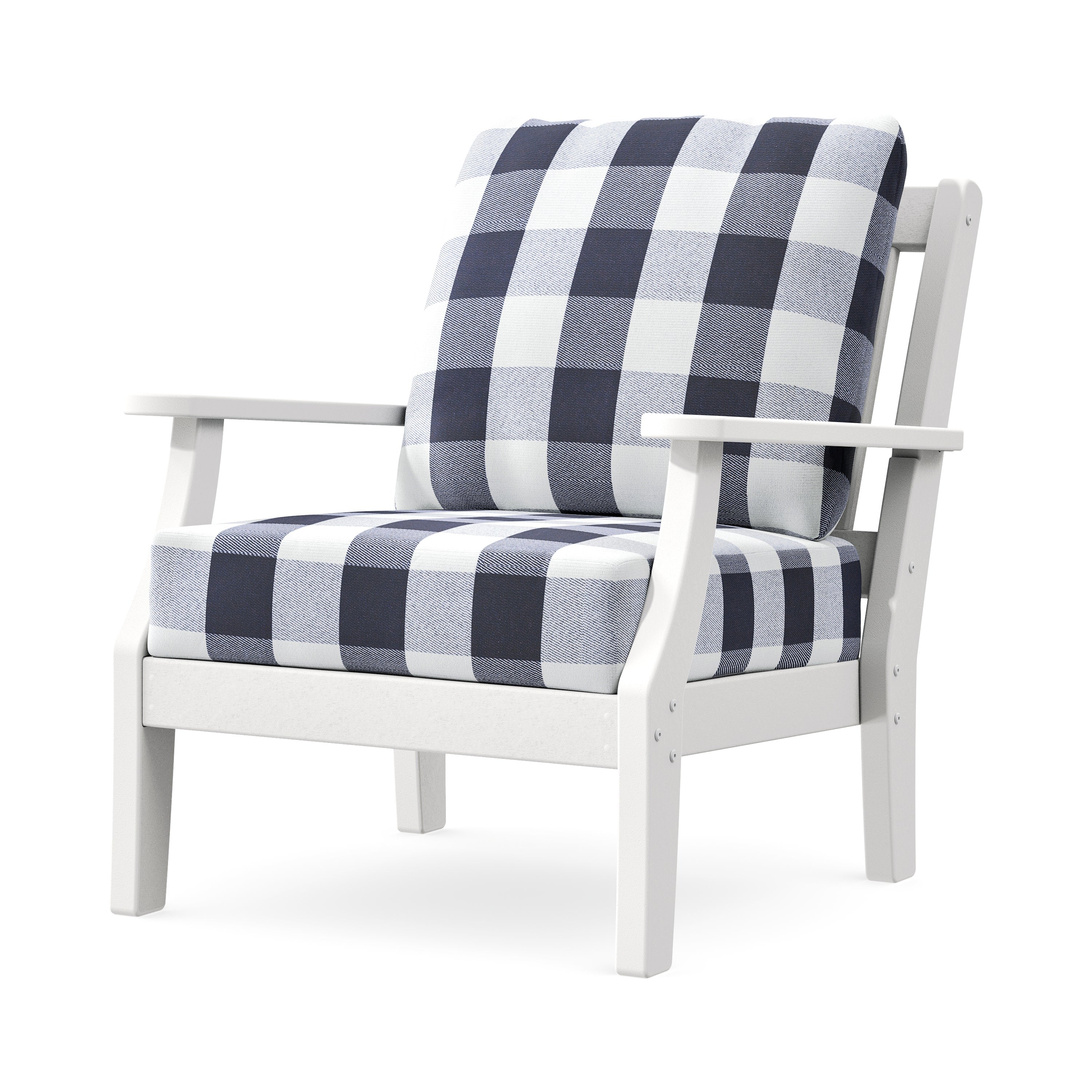 Chinoiserie Deep Seating Chair in White / Buffalo Plaid Navy