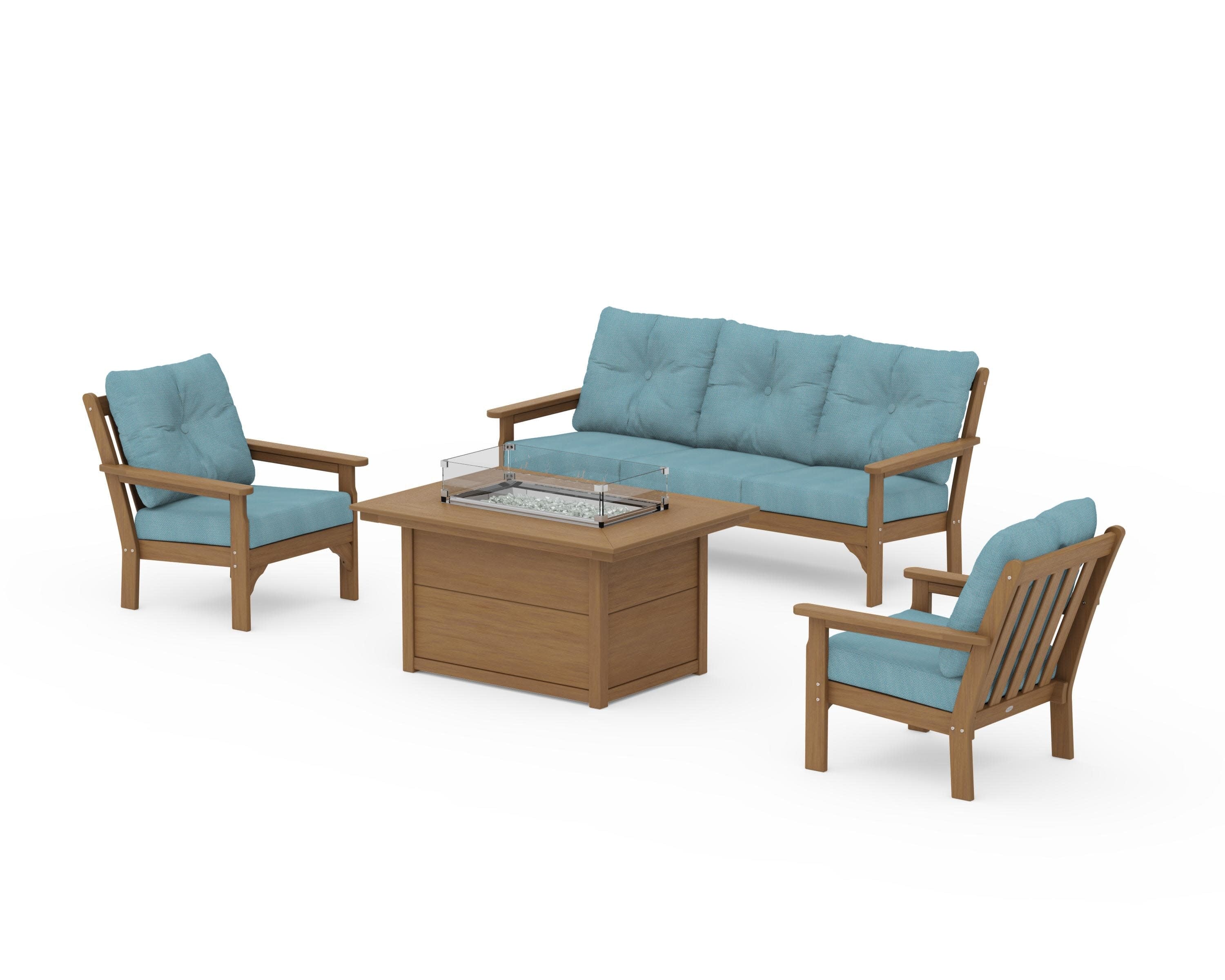 Vineyard Deep Seating Fire Pit Table Set in Natural / Lattice Sky Blue