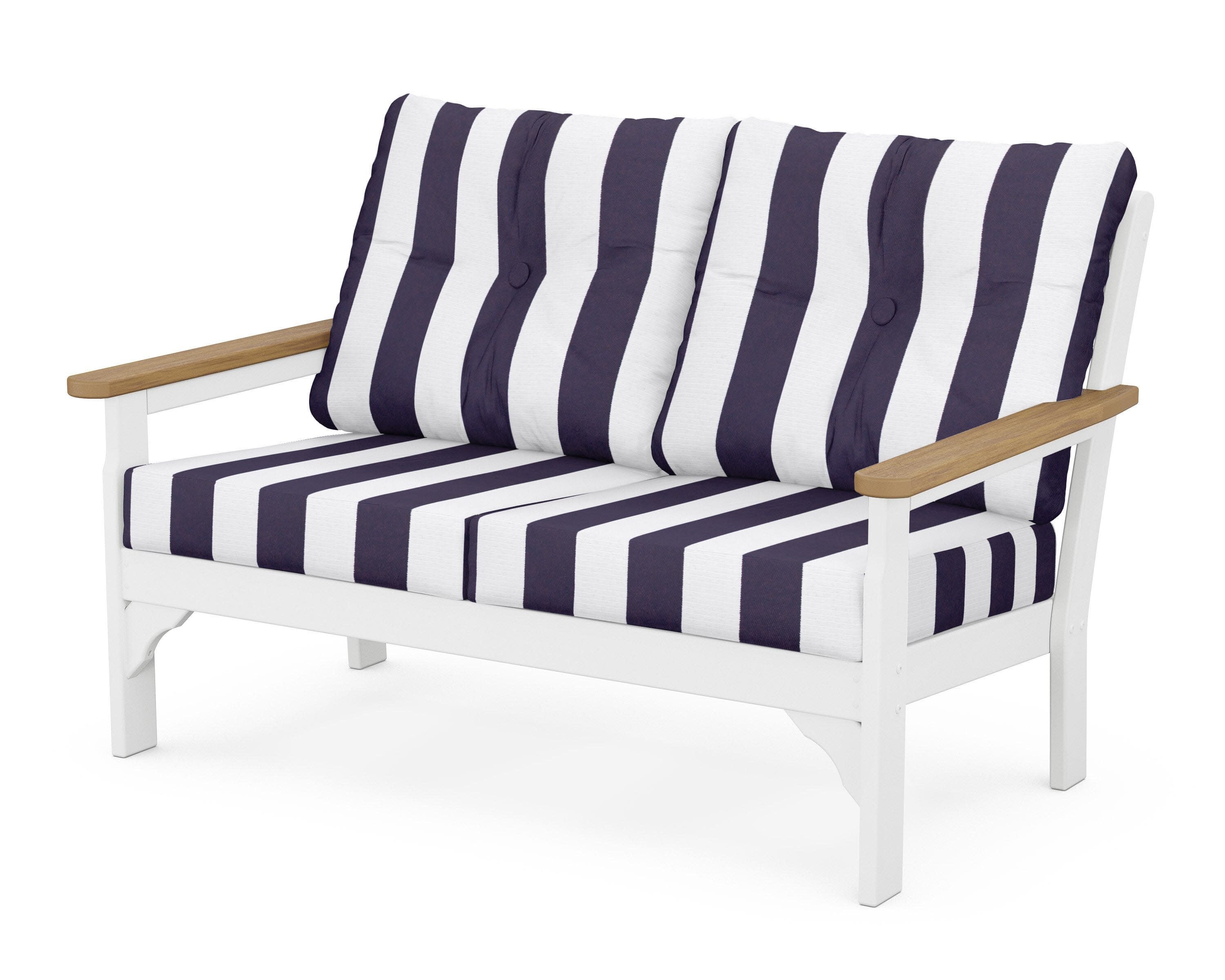 Vineyard Deep Seating Loveseat in White / Natural / Cabana Stripe Navy