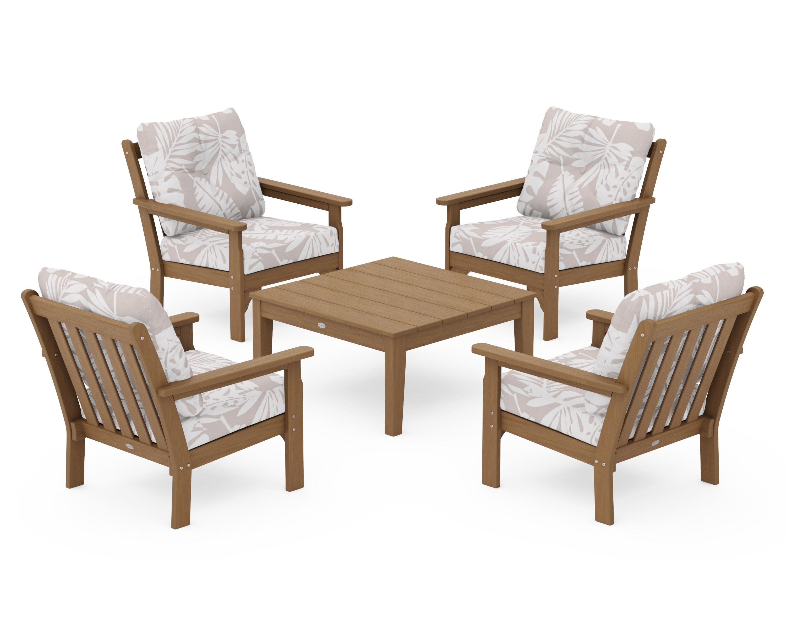 Vineyard 5-Piece Deep Seating Conversation Set in Natural / Leaf Dune Burlap