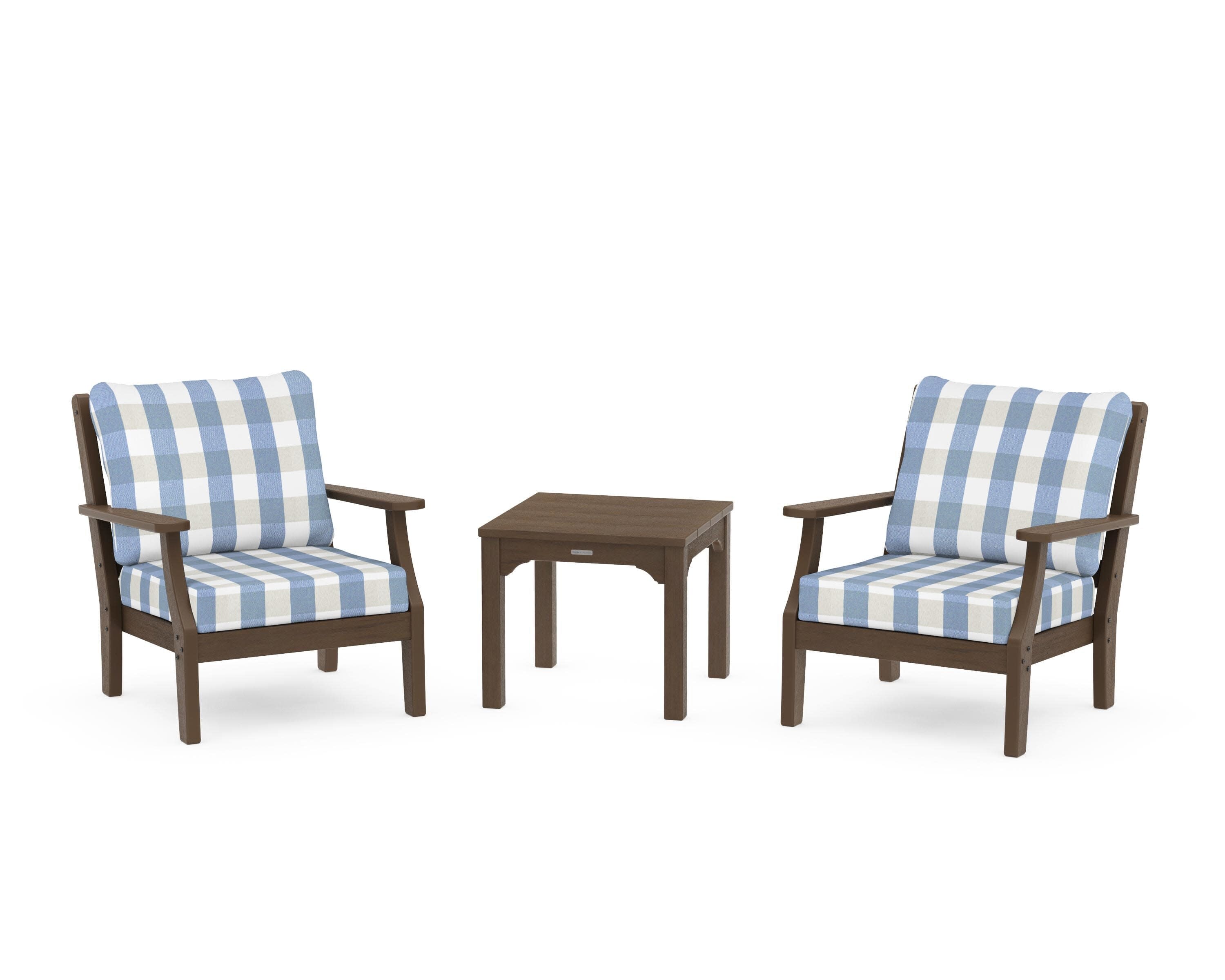 Chinoiserie 3-Piece Deep Seating Set in Kona / Buffalo Plaid Sky Blue
