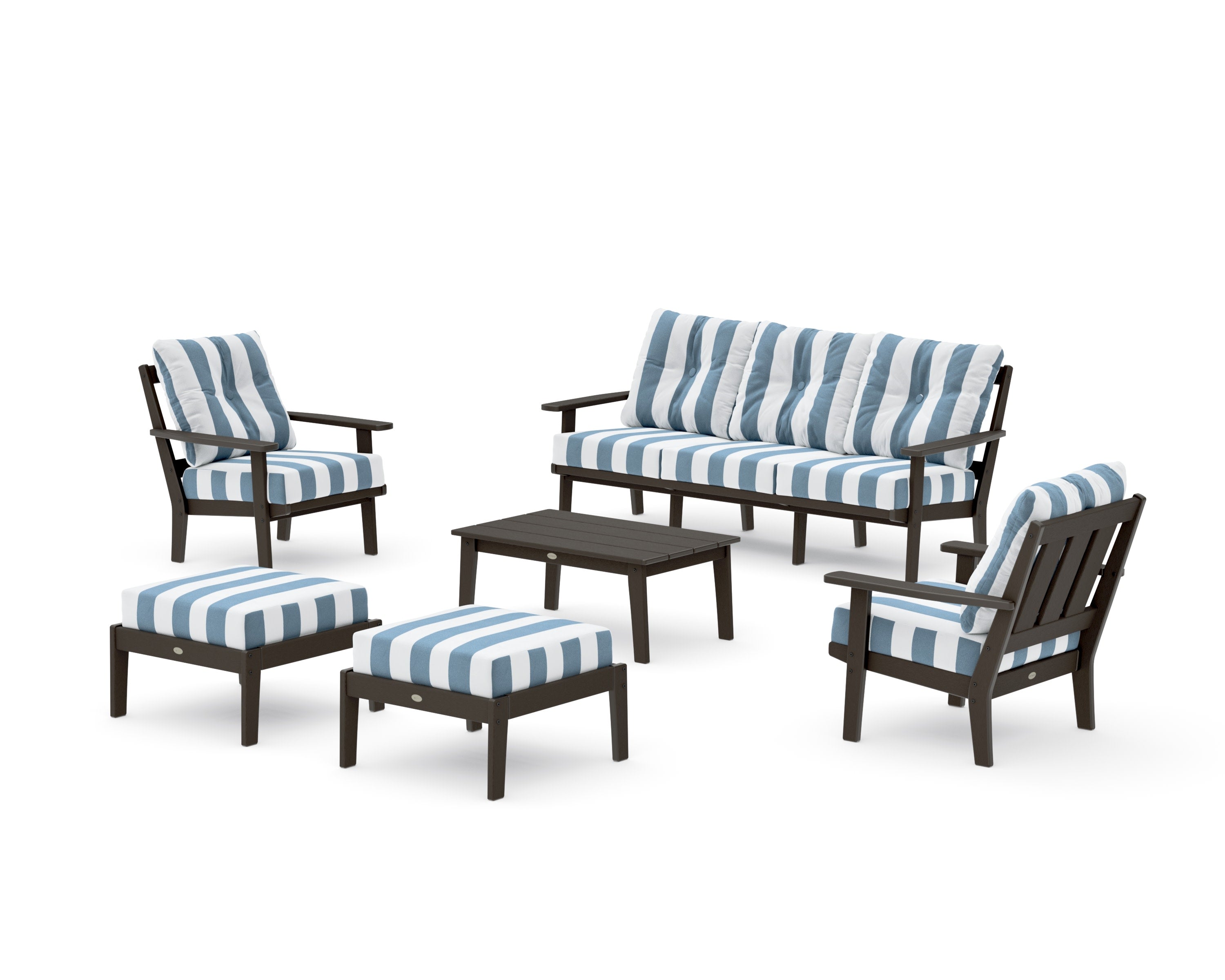 Oxford 6-Piece Lounge Sofa Set in Vintage Coffee / Cabana Stripe Sky Blue