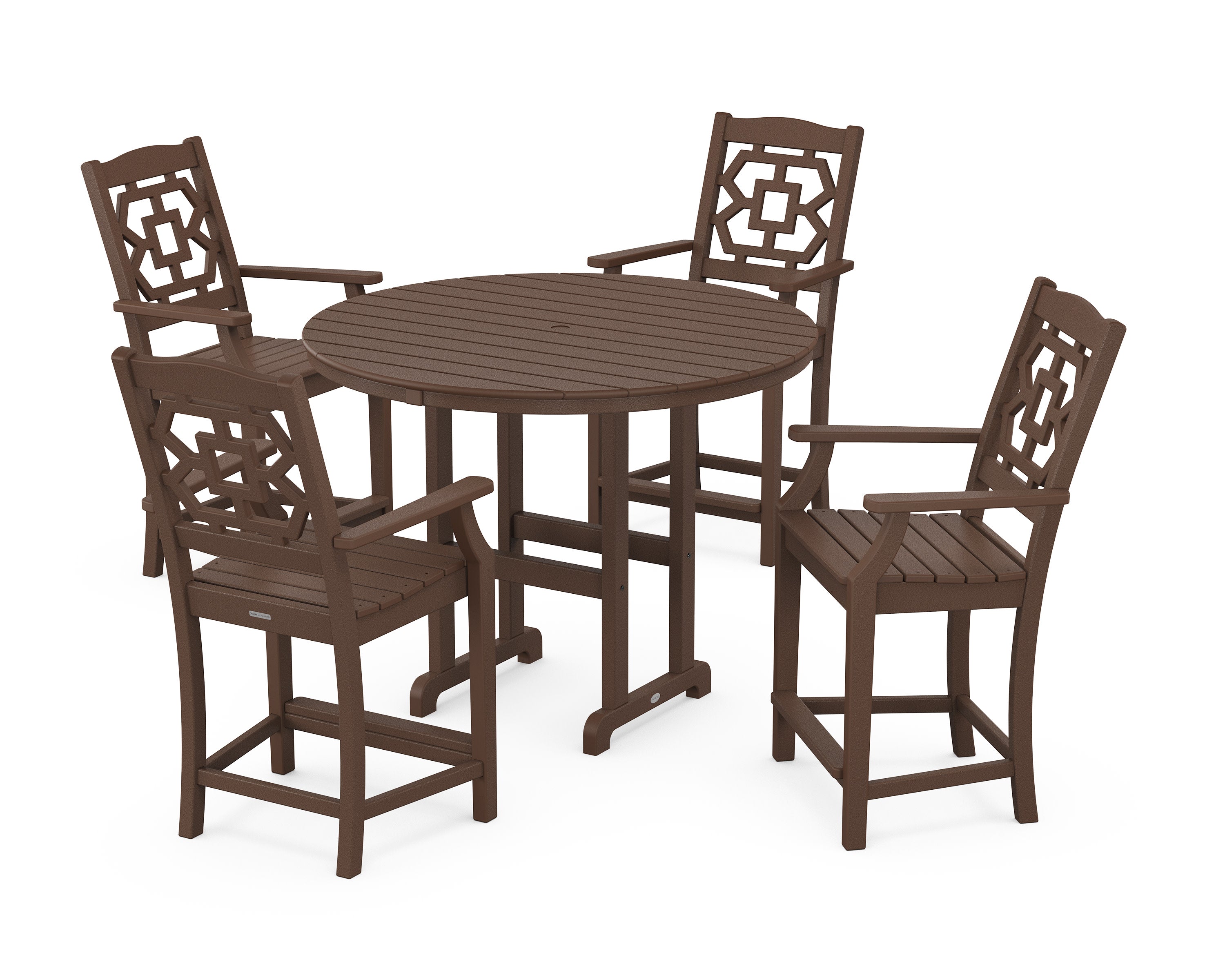 Chinoiserie 5-Piece Round Farmhouse Counter Set in Mahogany