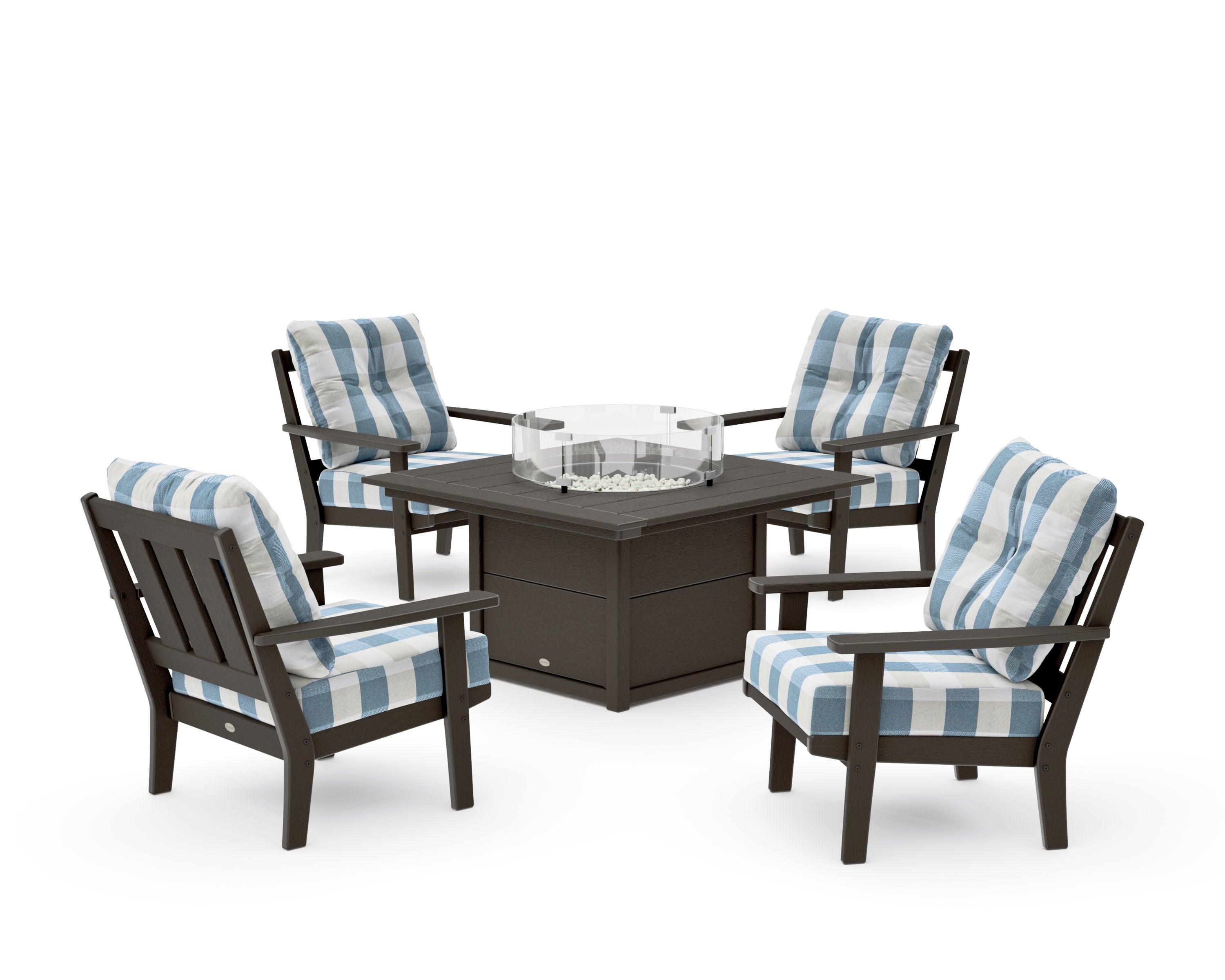 Oxford 5-Piece Deep Seating Set with Fire Pit Table in Vintage Coffee / Buffalo Plaid Sky Blue