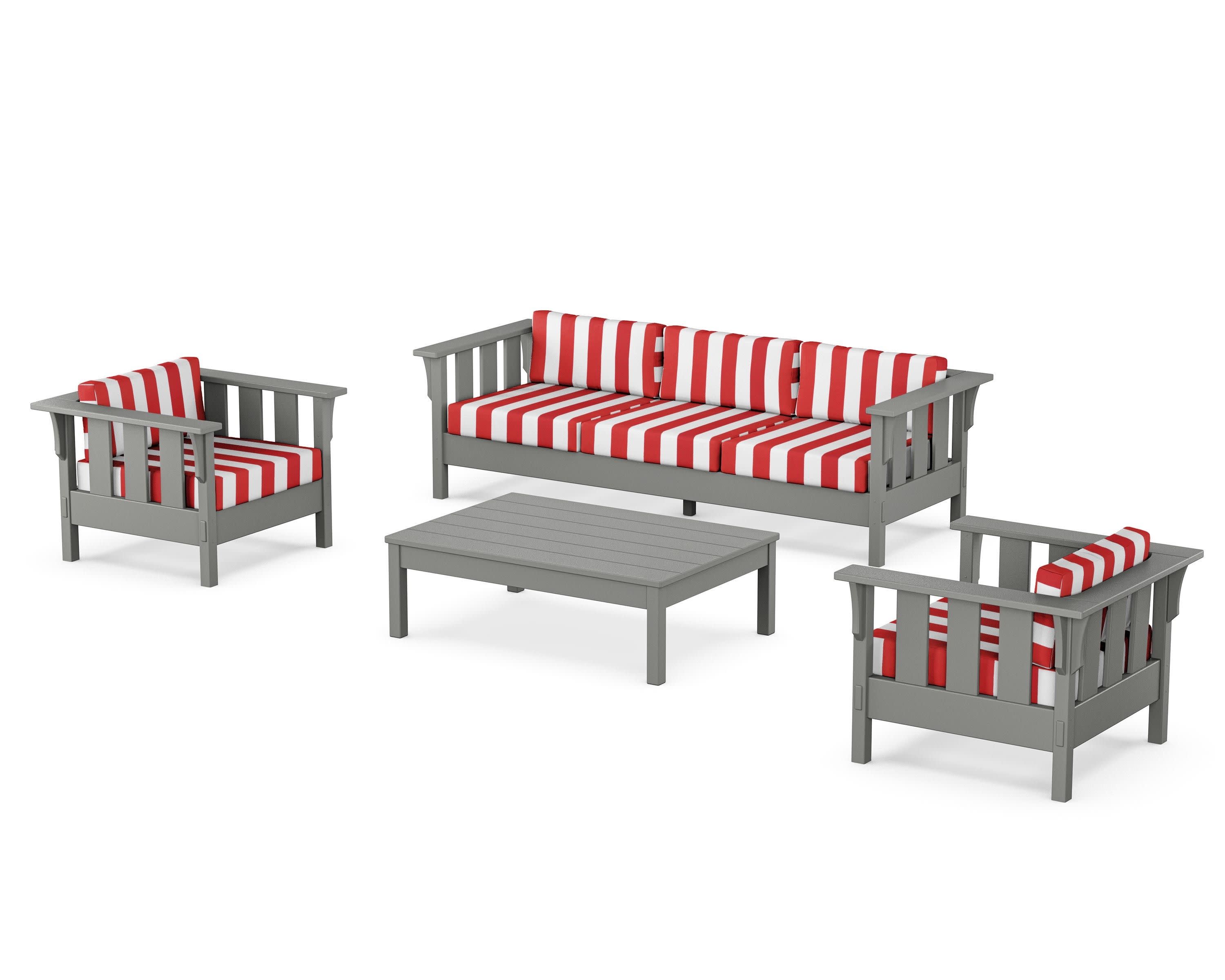 Acadia 4-Piece Deep Seating Set with Sofa in Slate Grey / Cabana Stripe Crimson