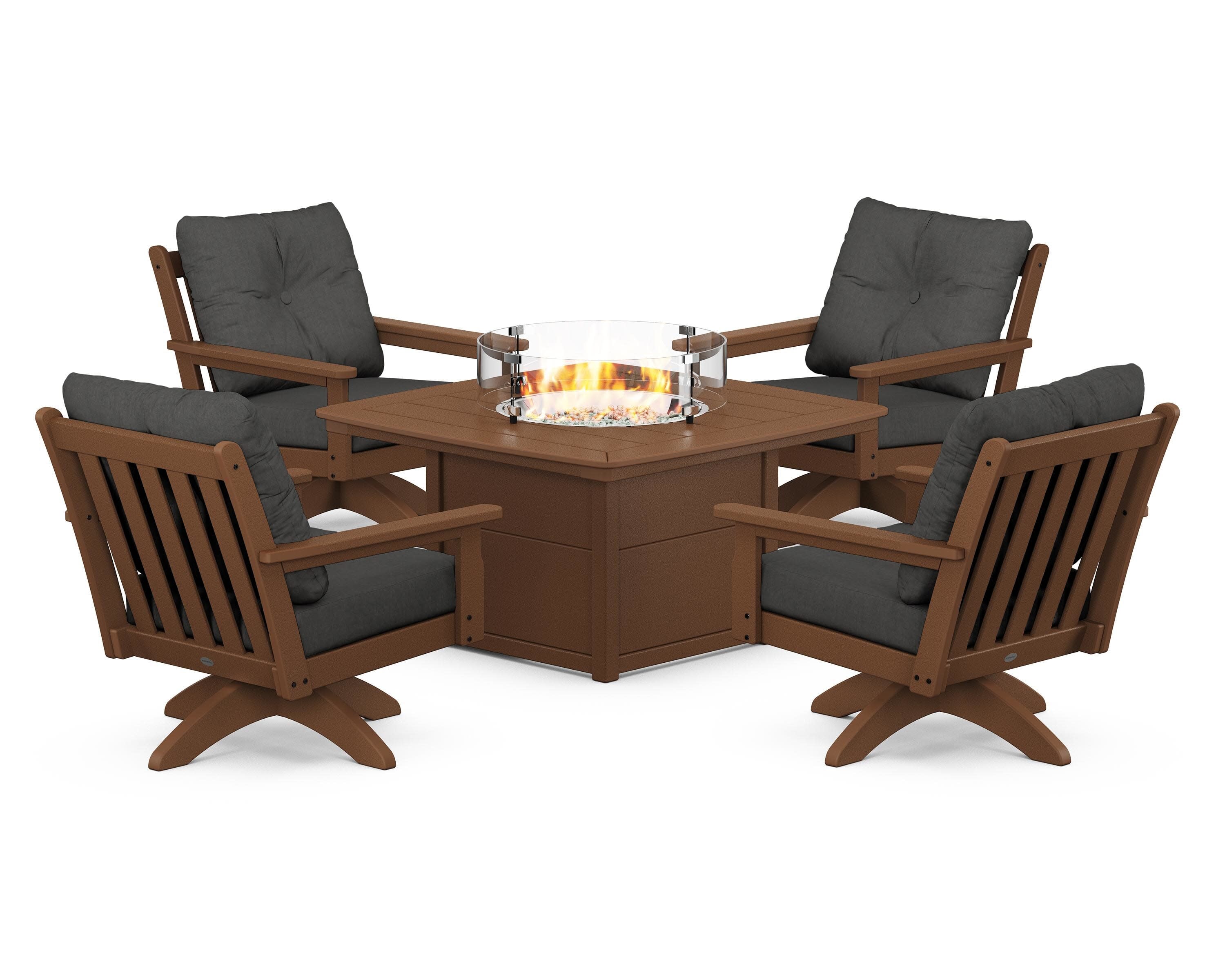 Vineyard 5-Piece Deep Seating Swivel Conversation Set with Fire Pit Table in Teak / Spectrum Carbon