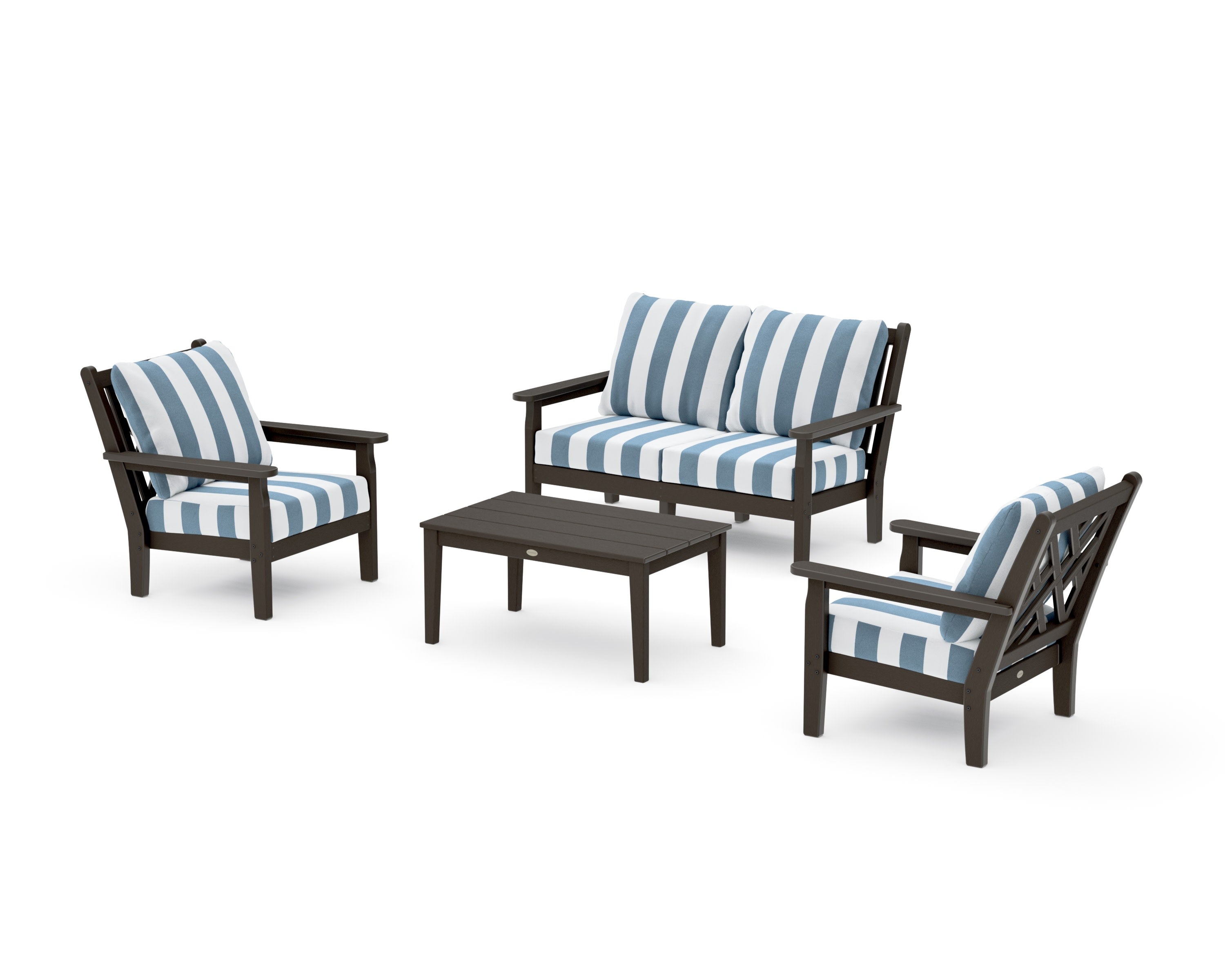 Chippendale 4-Piece Deep Seating Set with Loveseat in Vintage Coffee / Cabana Stripe Sky Blue