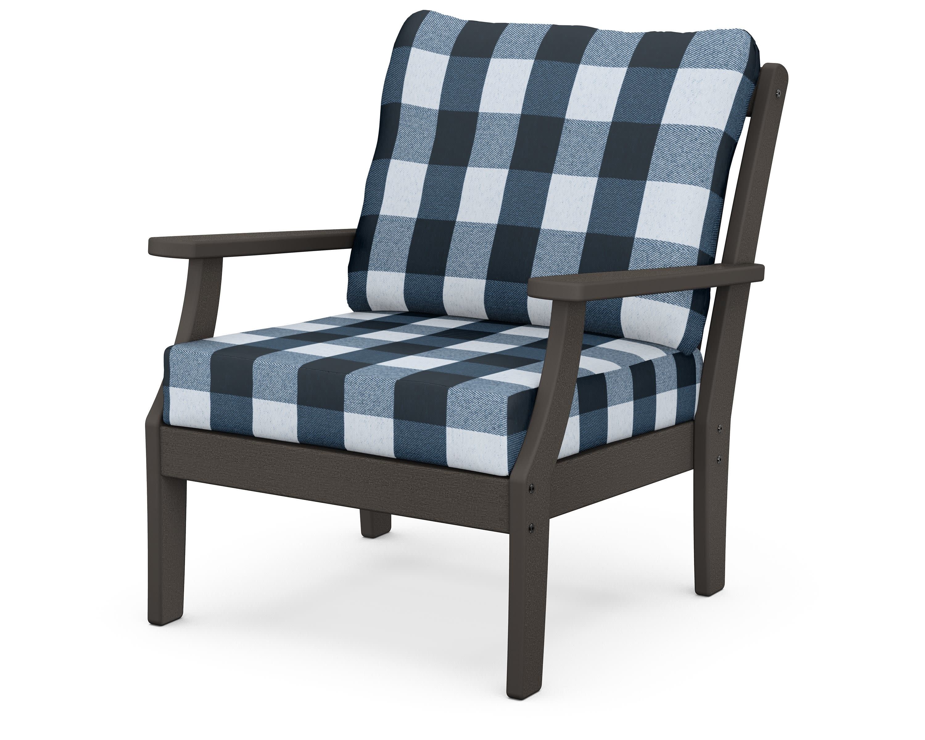 Braxton Deep Seating Chair in Vintage Coffee / Buffalo Plaid Marine Indigo