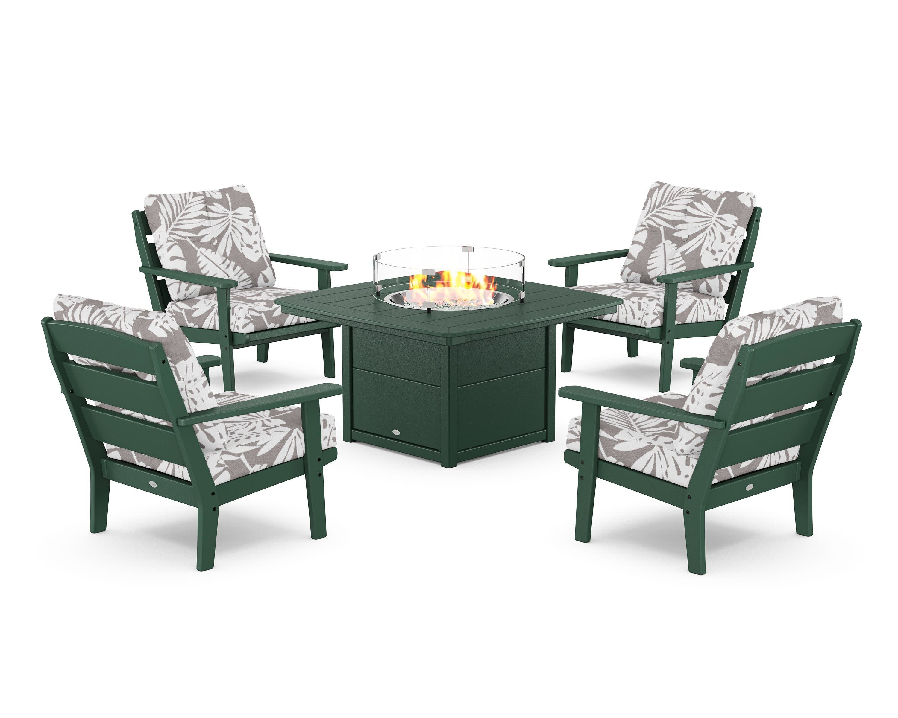 Lakeside 5-Piece Deep Seating Set with Nautical Fire Pit Table in Green / Leaf Grey Mist