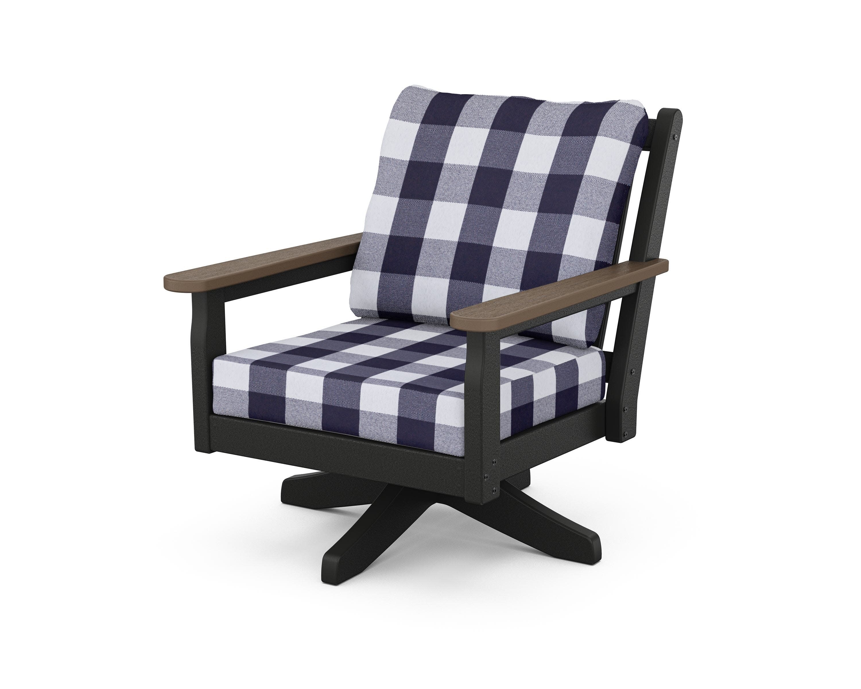 Chippendale Deep Seating Swivel Chair in Black / Kona / Buffalo Plaid Navy