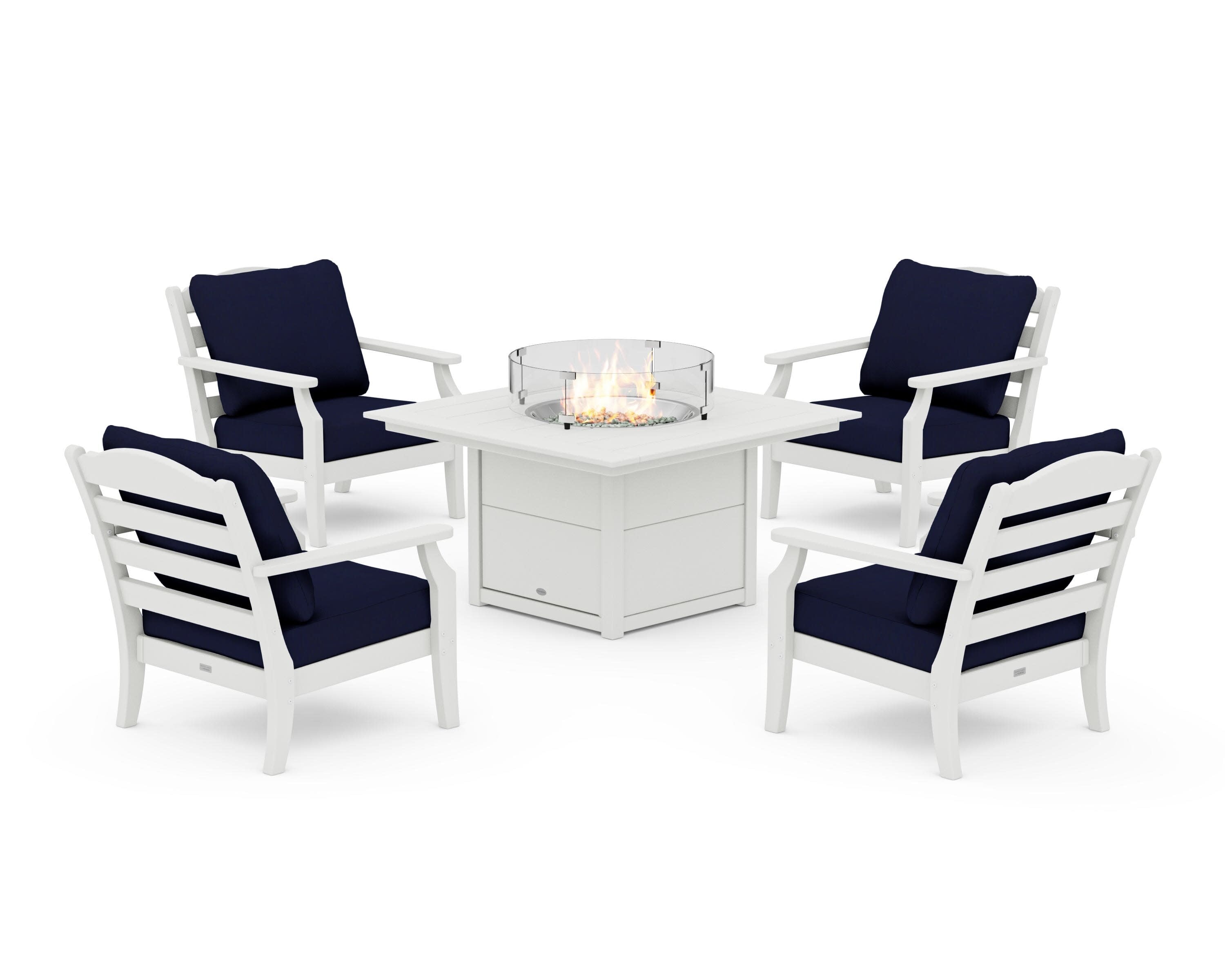 Savannah 5-Piece Deep Seating Set with Fire Pit Table in Vintage White / Navy