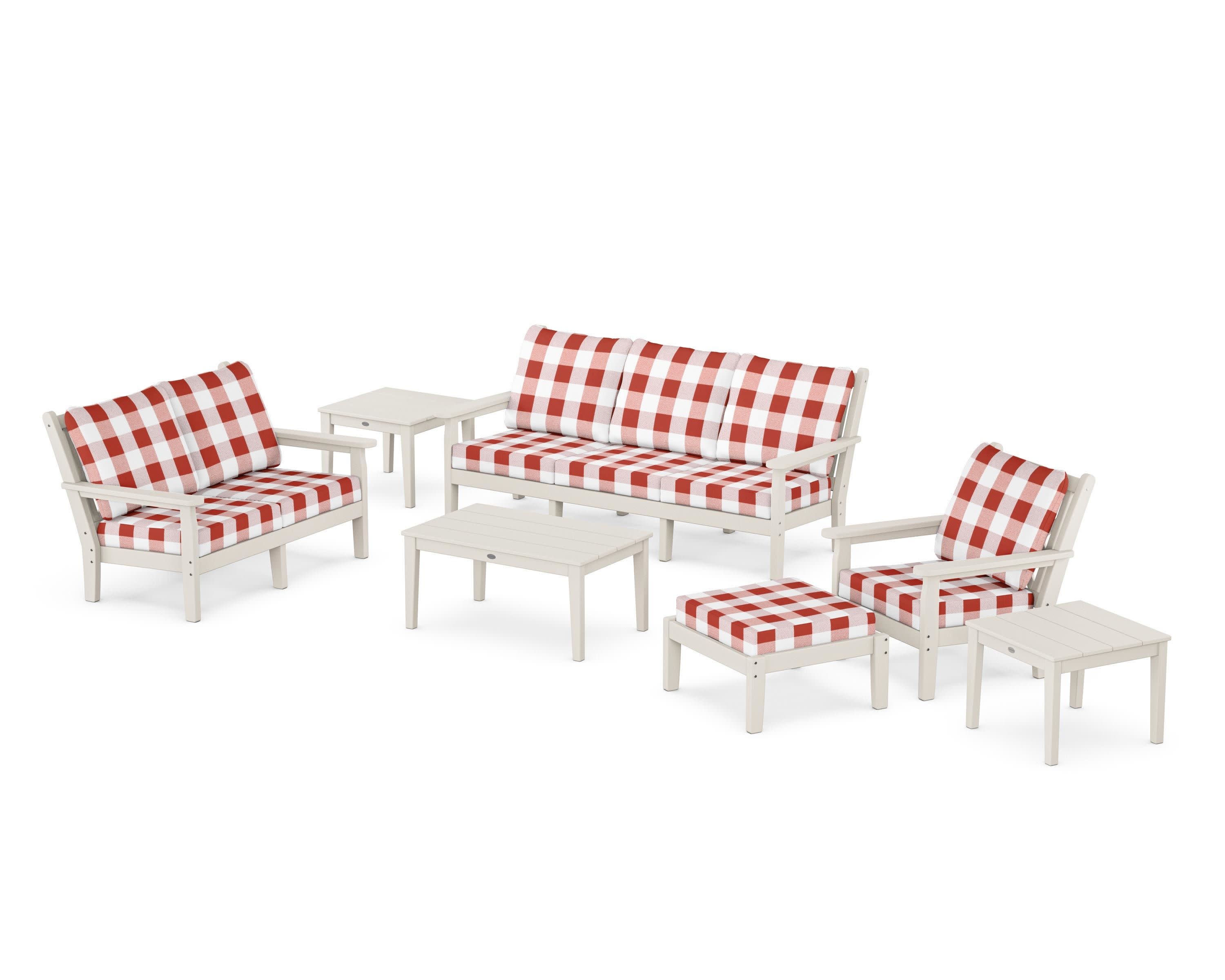 Chippendale 7-Piece Deep Seating Set in Sand / Buffalo Plaid Crimson