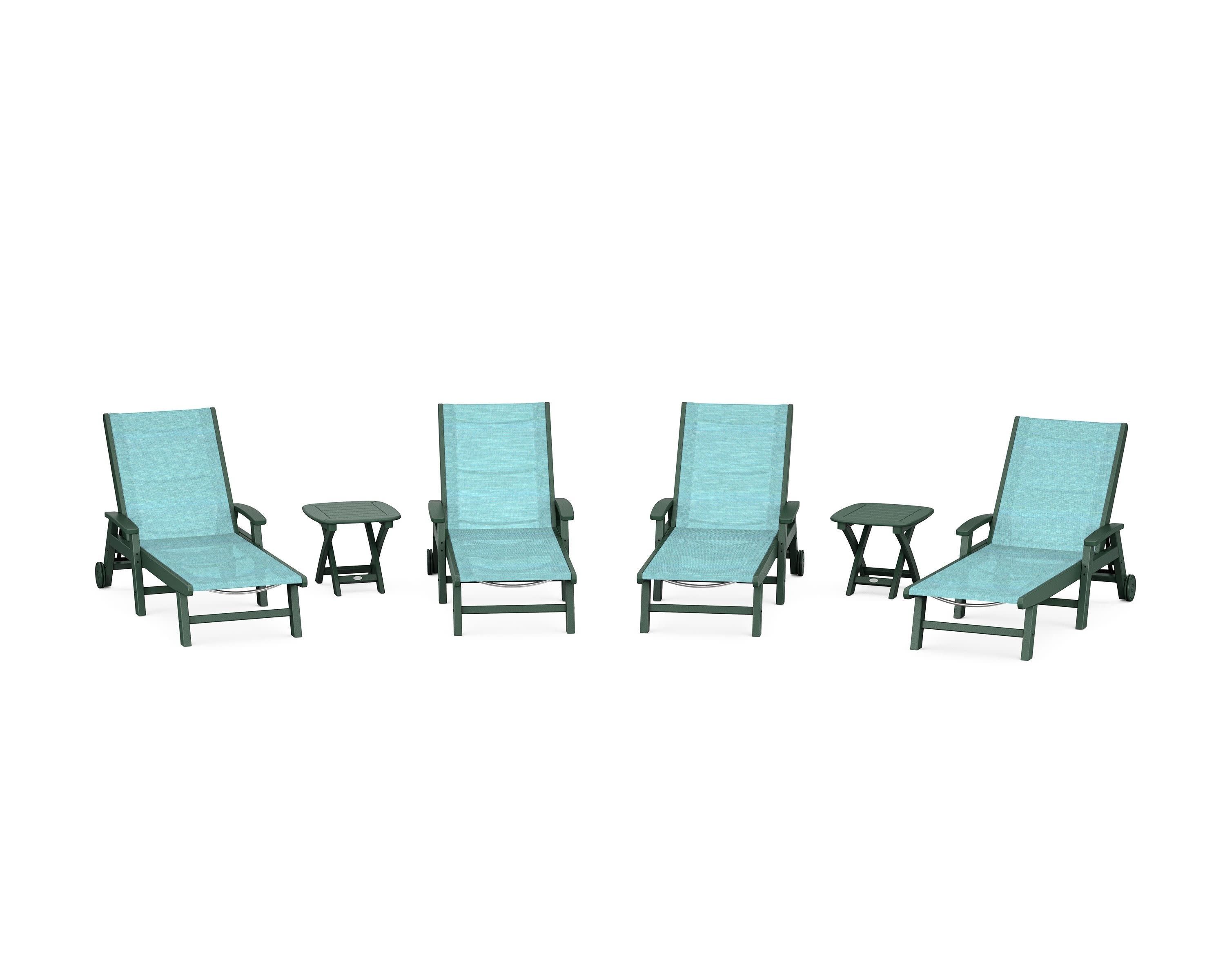 Coastal Chaise 6-Piece Set with Wheels in Green / Dupioni Aquamarine Sling