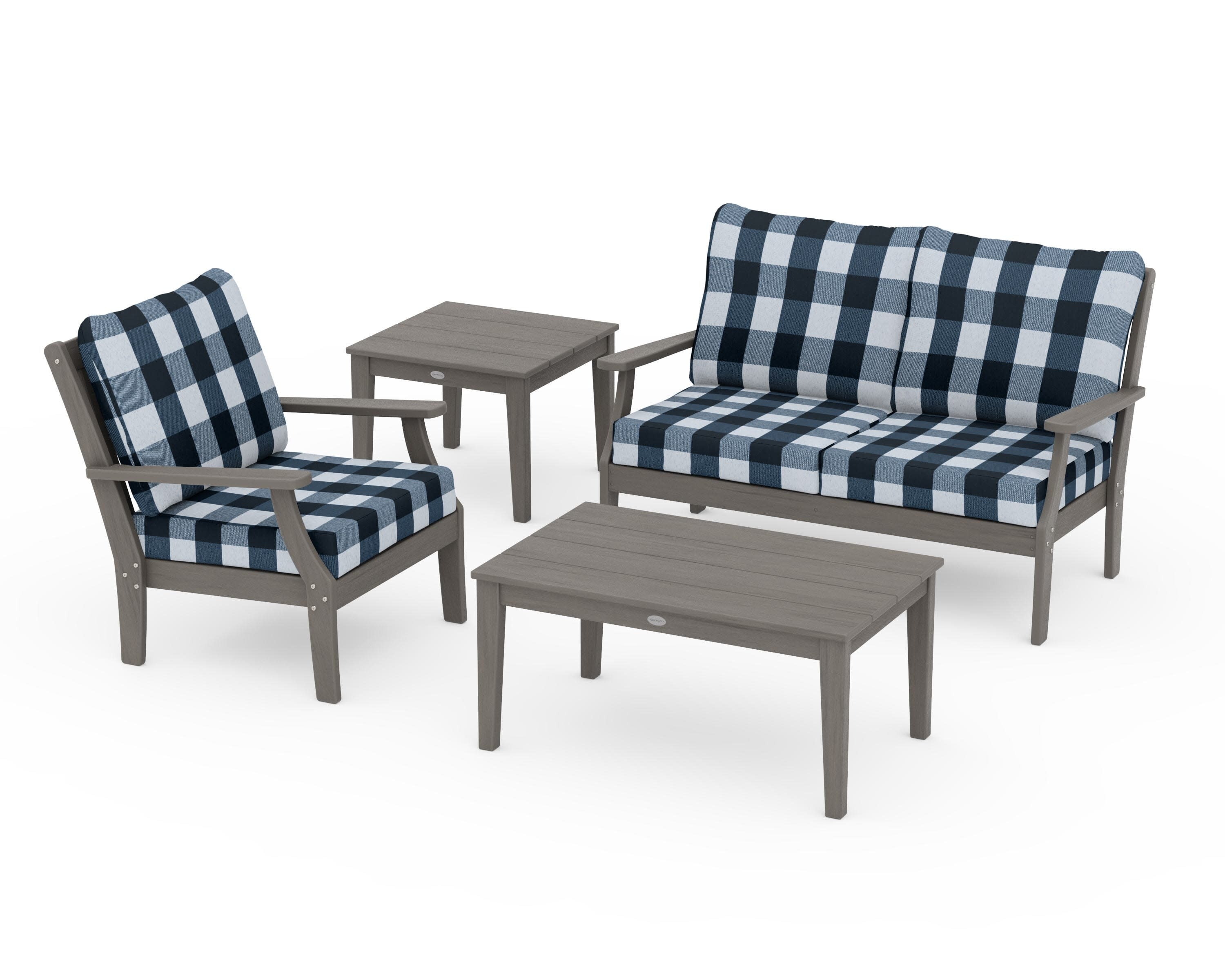 Braxton 4-Piece Deep Seating Set in Driftwood / Buffalo Plaid Marine Indigo