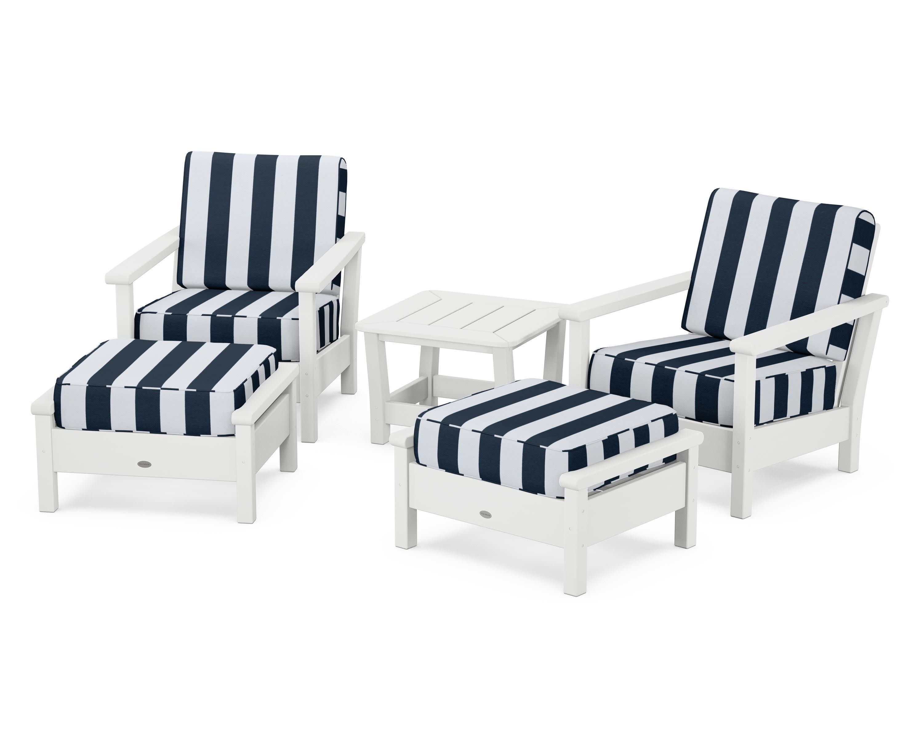Harbour 5-Piece Deep Seating Chair Set in White / Cabana Stripe Marine Indigo