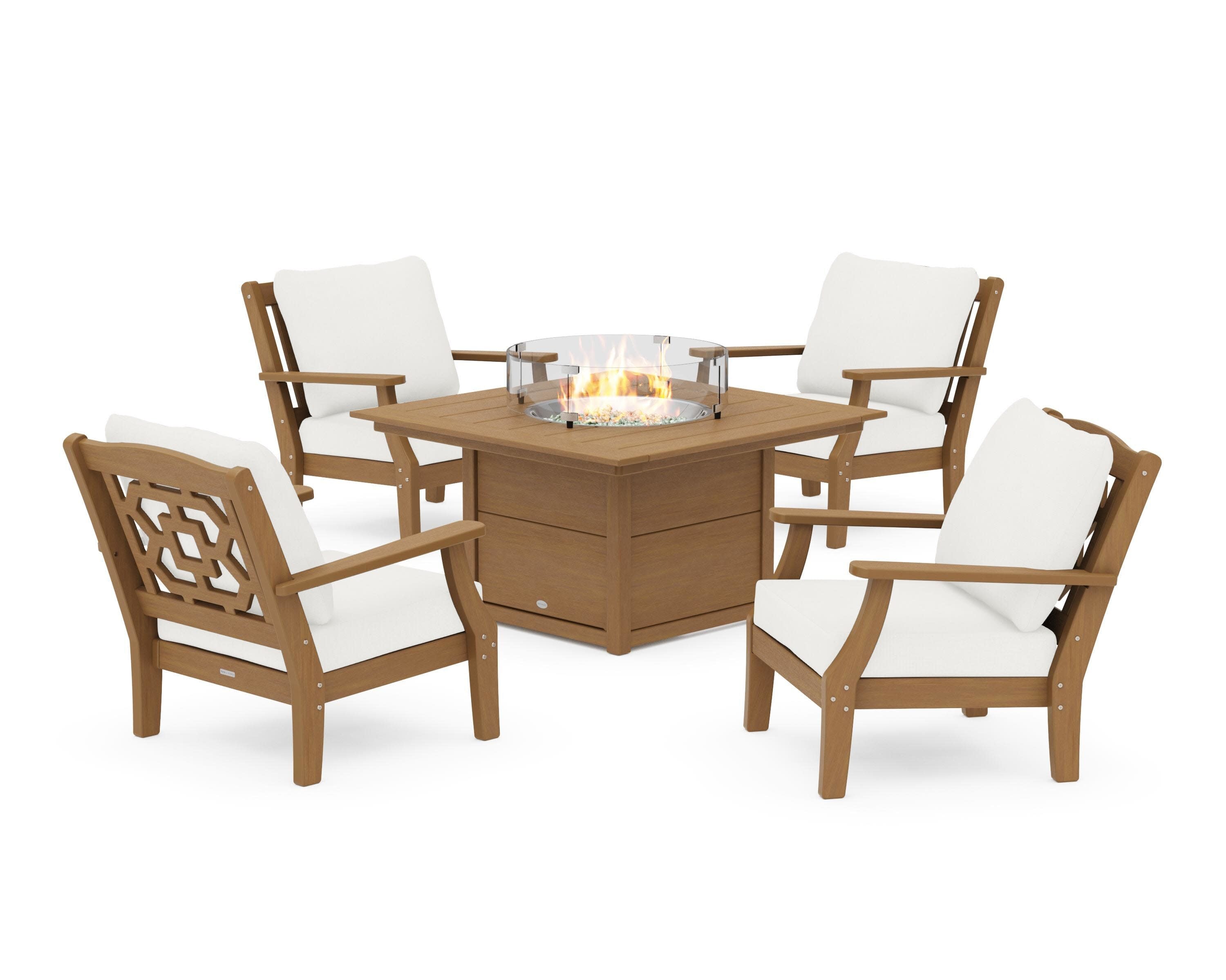 Chinoiserie 5-Piece Deep Seating Set with Fire Pit Table in Natural / Natural Linen