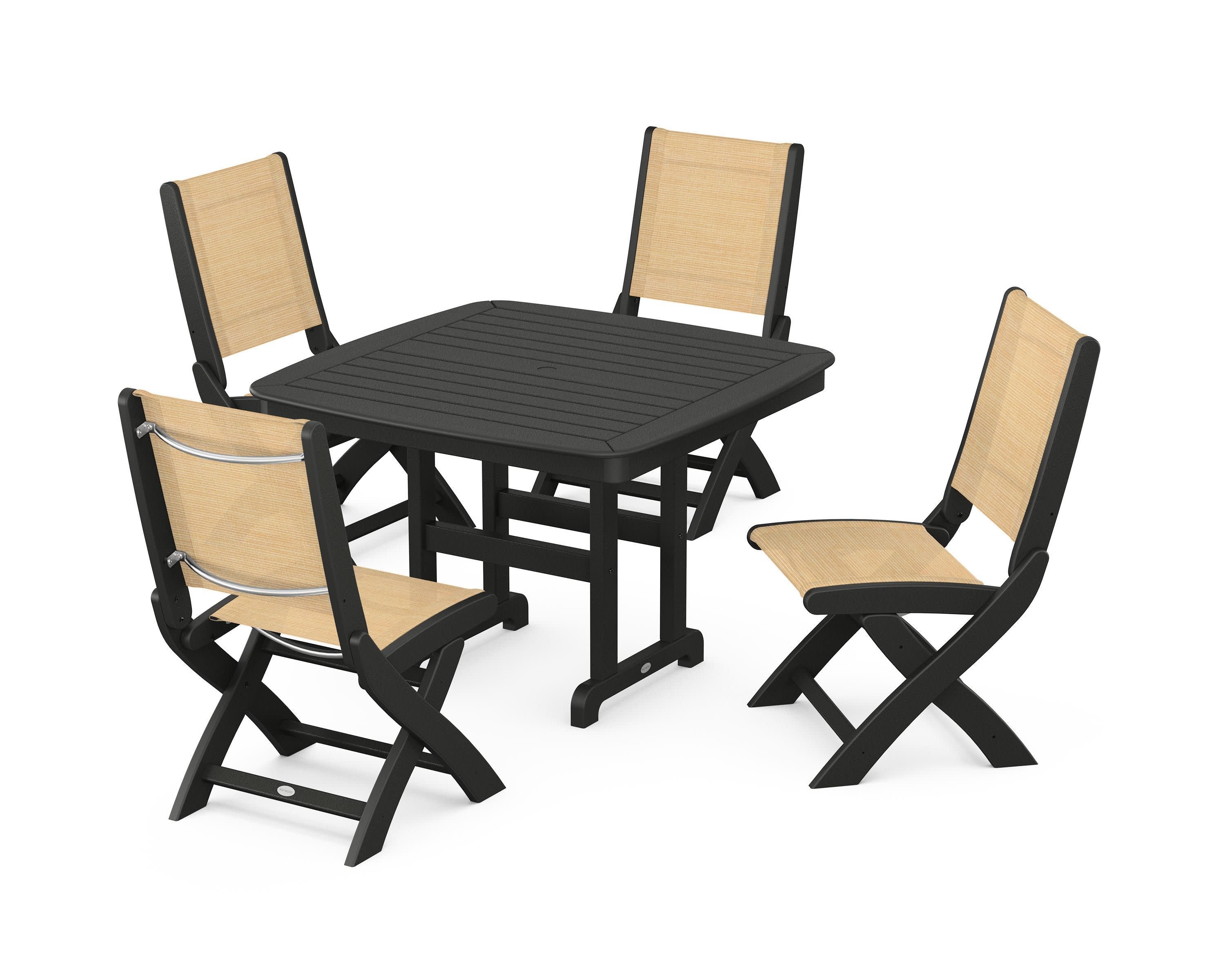 Coastal Folding Side Chair 5-Piece Dining Set in Black / Dupioni Apricot Sling
