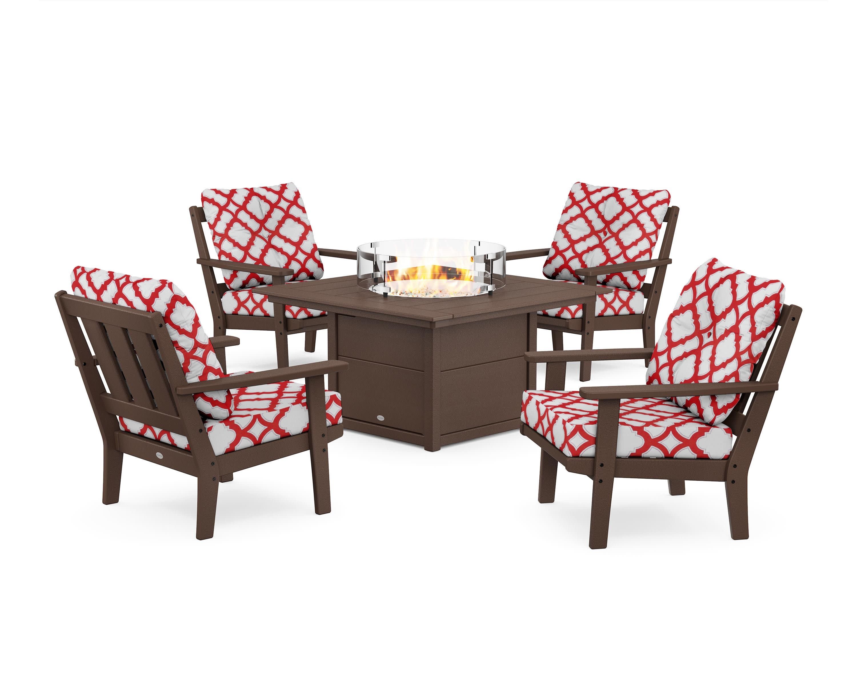 Oxford 5-Piece Deep Seating Set with Fire Pit Table in Mahogany / Trellis Crimson
