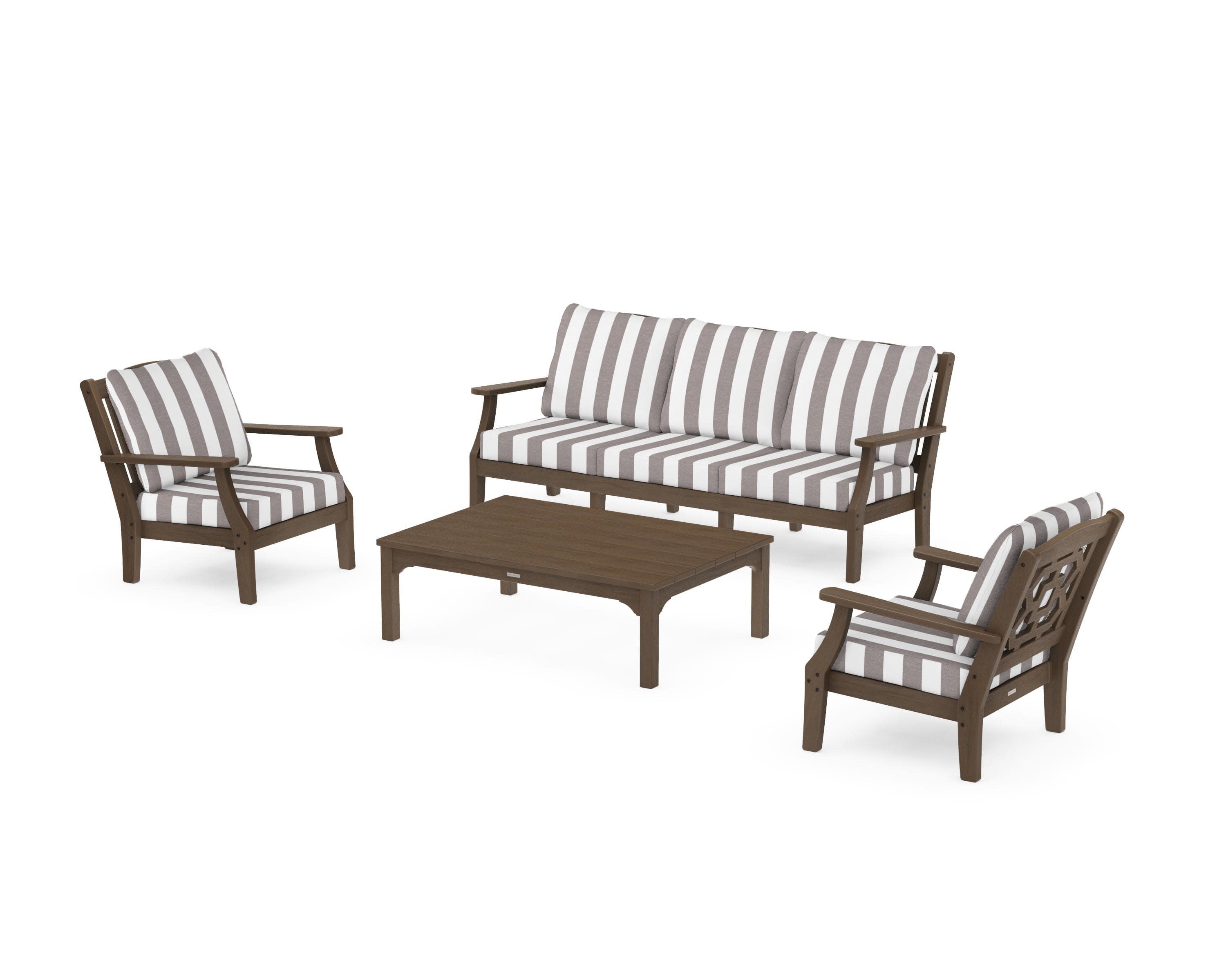 Chinoiserie 4-Piece Deep Seating Set with Sofa in Kona / Cabana Stripe Grey Mist
