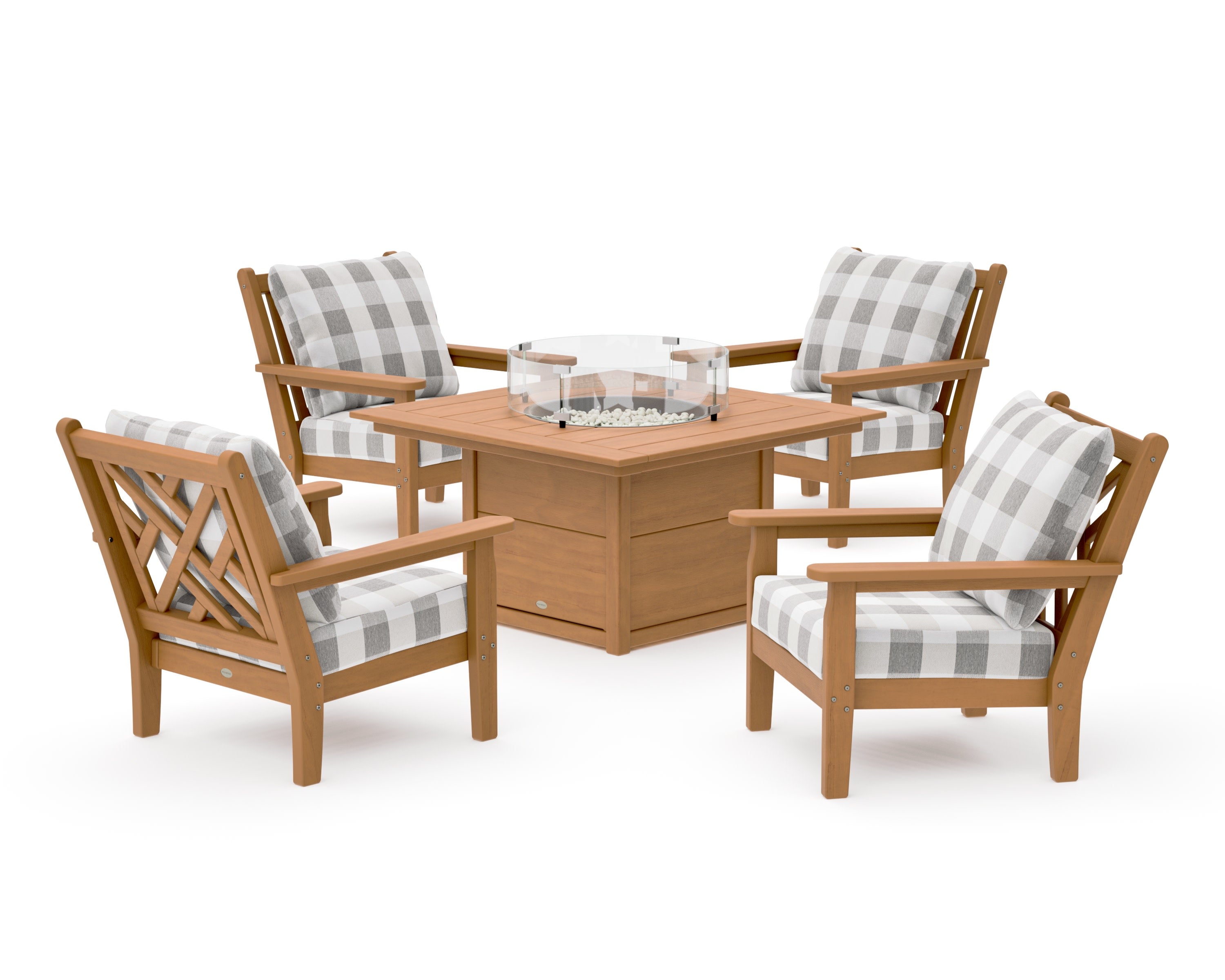 Chippendale 5-Piece Deep Seating Set with Fire Pit Table in Natural / Buffalo Plaid Grey Mist