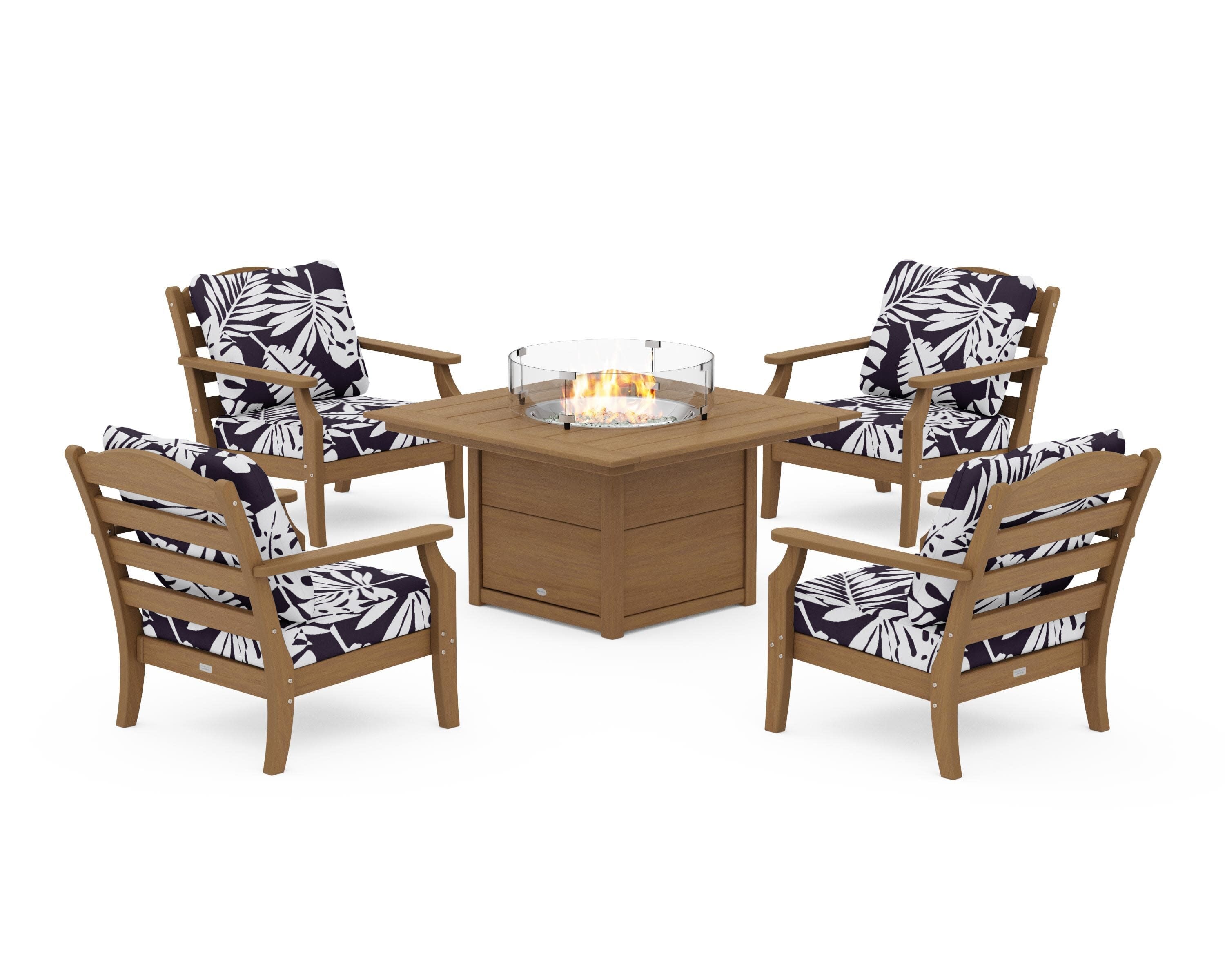 Savannah 5-Piece Deep Seating Set with Fire Pit Table in Natural / Leaf Navy