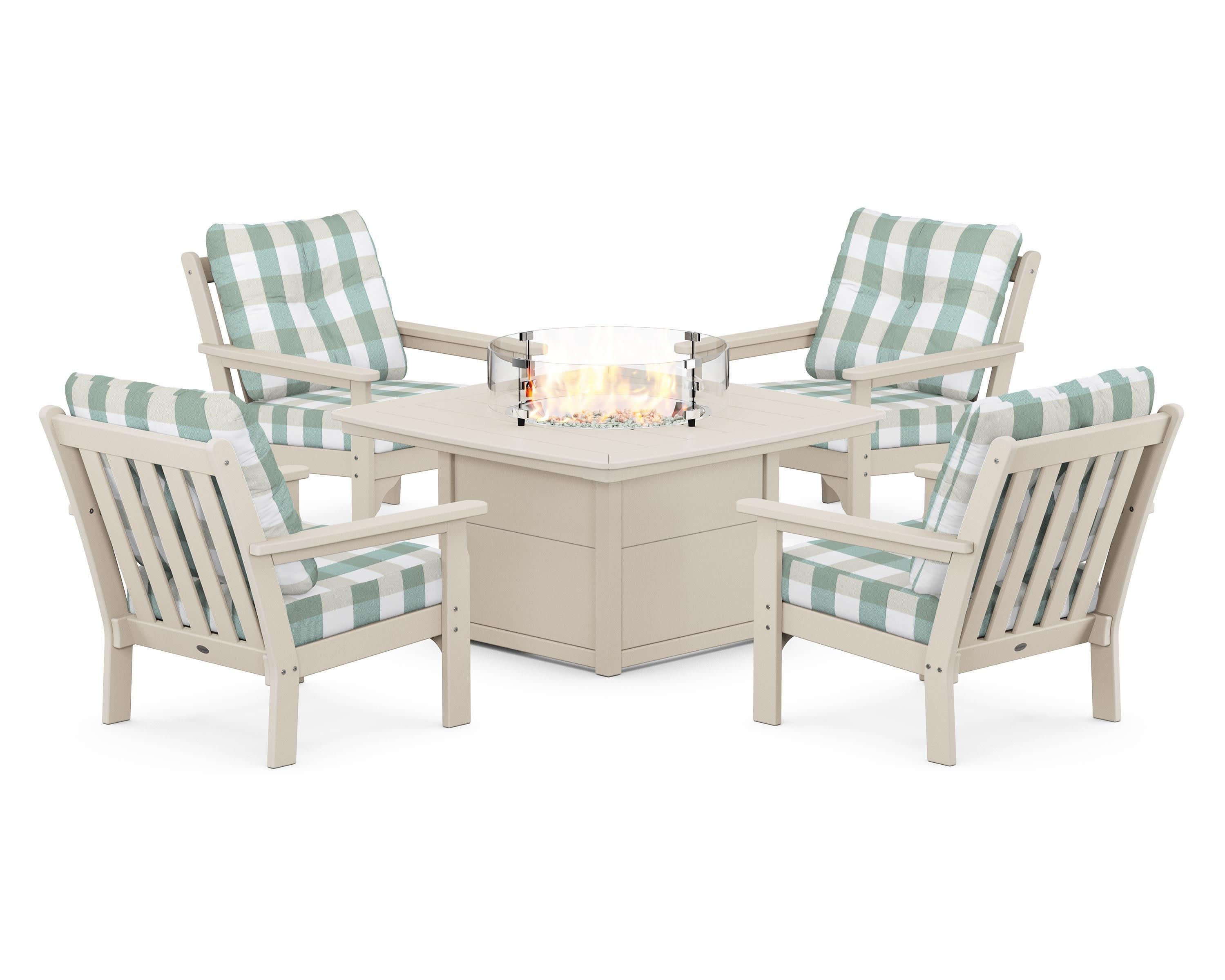 Vineyard 5-Piece Conversation Set with Fire Pit Table in Sand / Buffalo Plaid Glacier Spa