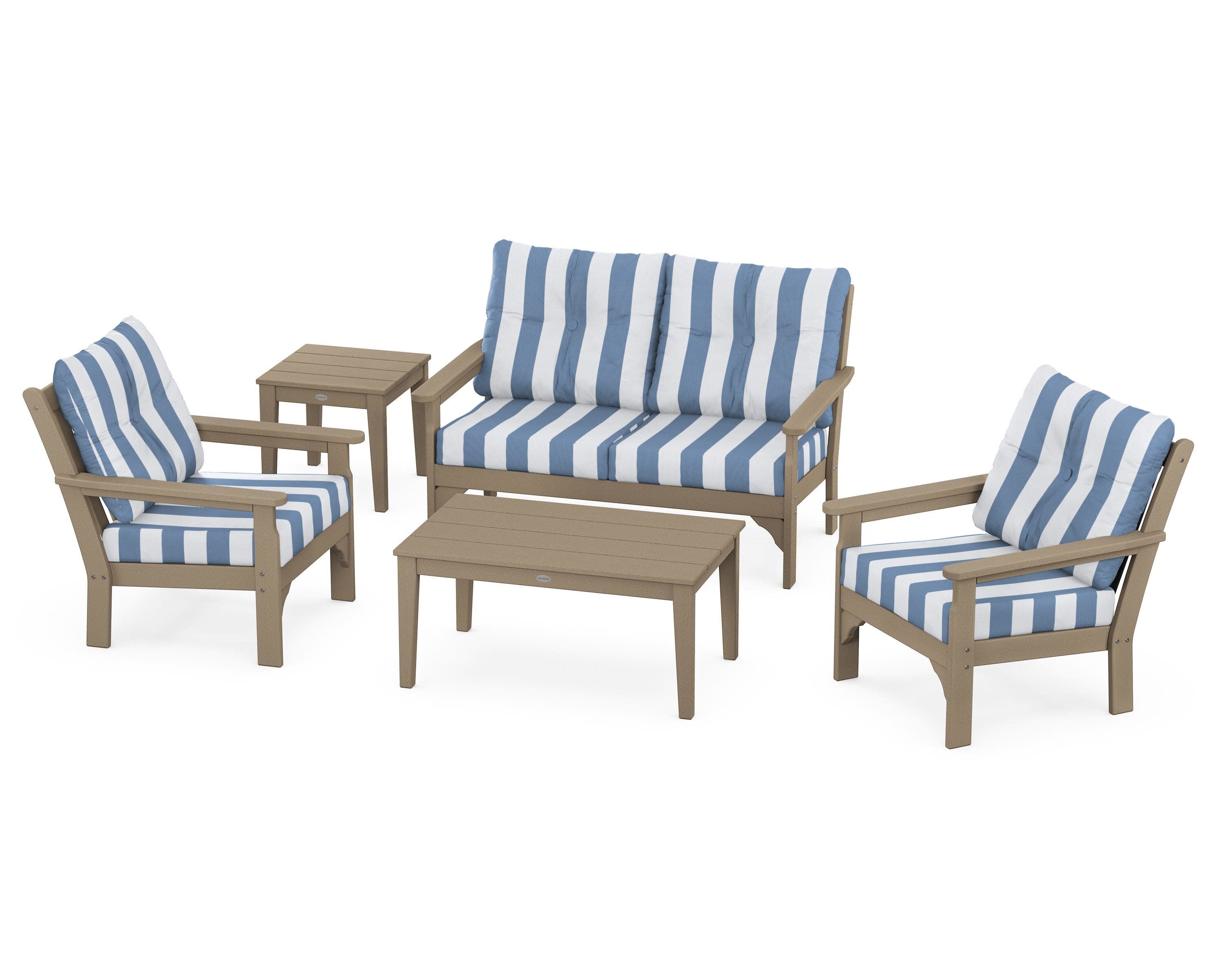 Vineyard 5-Piece Deep Seating Set in Vintage Sahara / Cabana Stripe Sky Blue