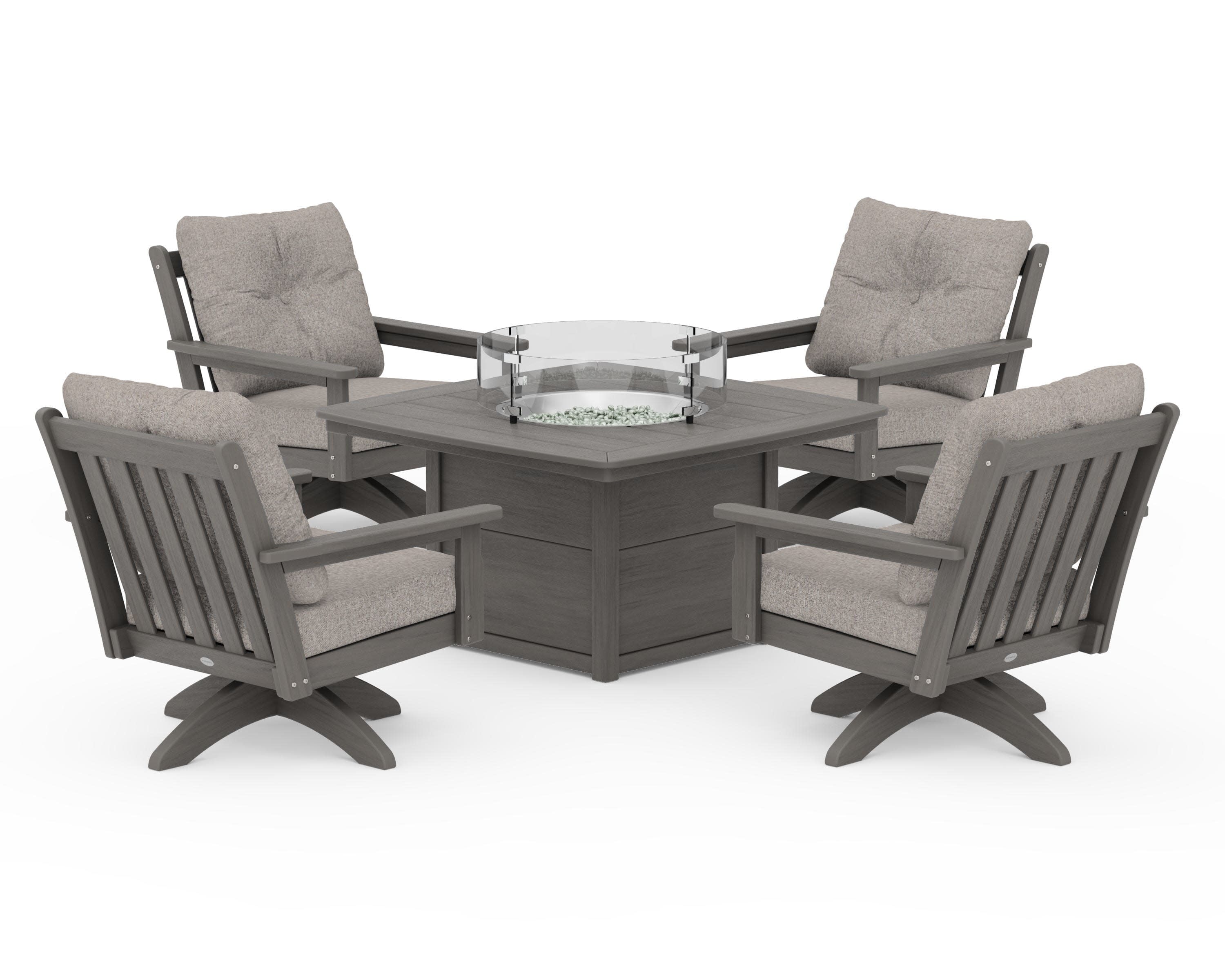 Vineyard 5-Piece Deep Seating Swivel Conversation Set with Fire Pit Table in Driftwood / Weathered Tweed