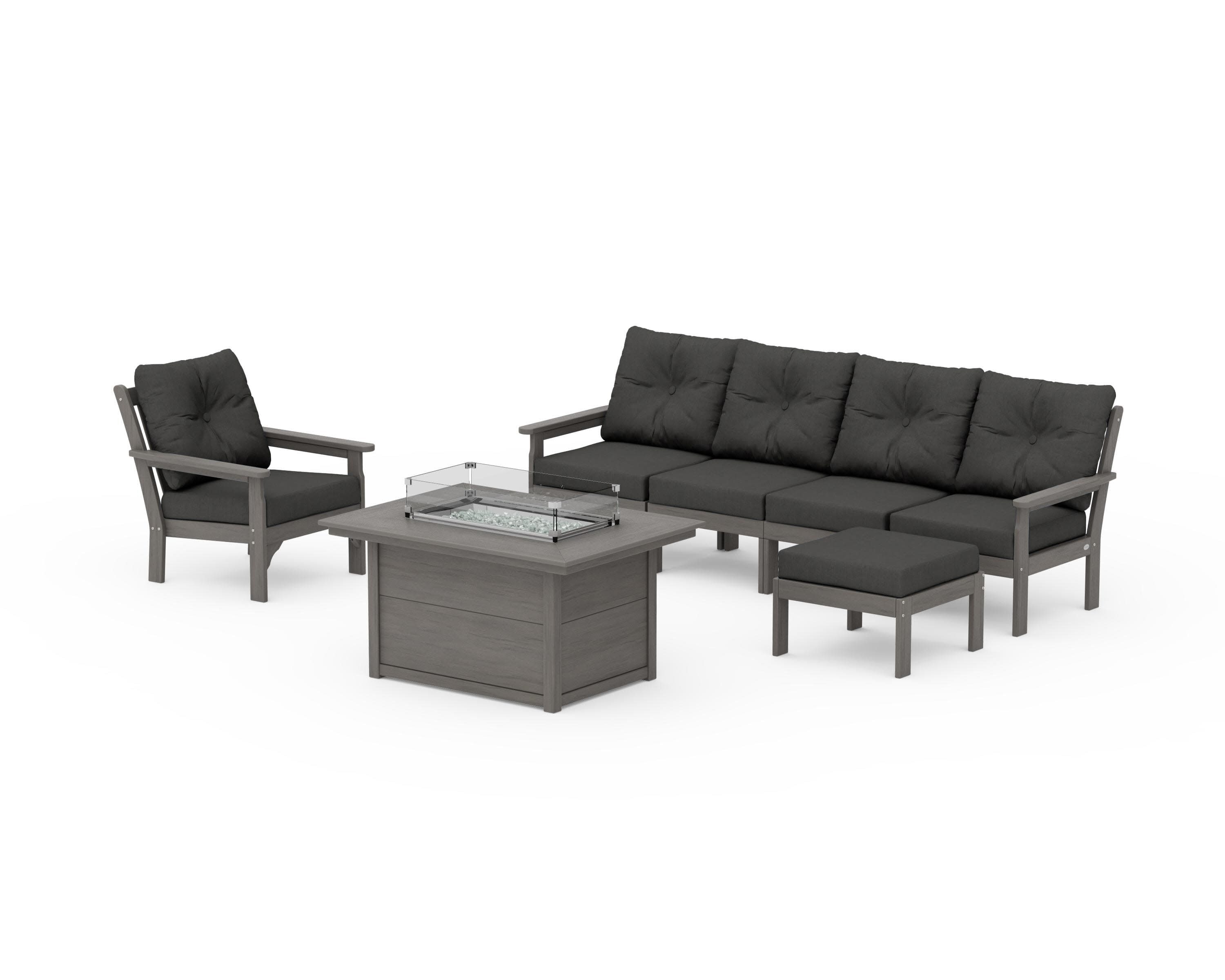Vineyard Sectional Lounge and Fire Pit Set in Driftwood / Spectrum Carbon