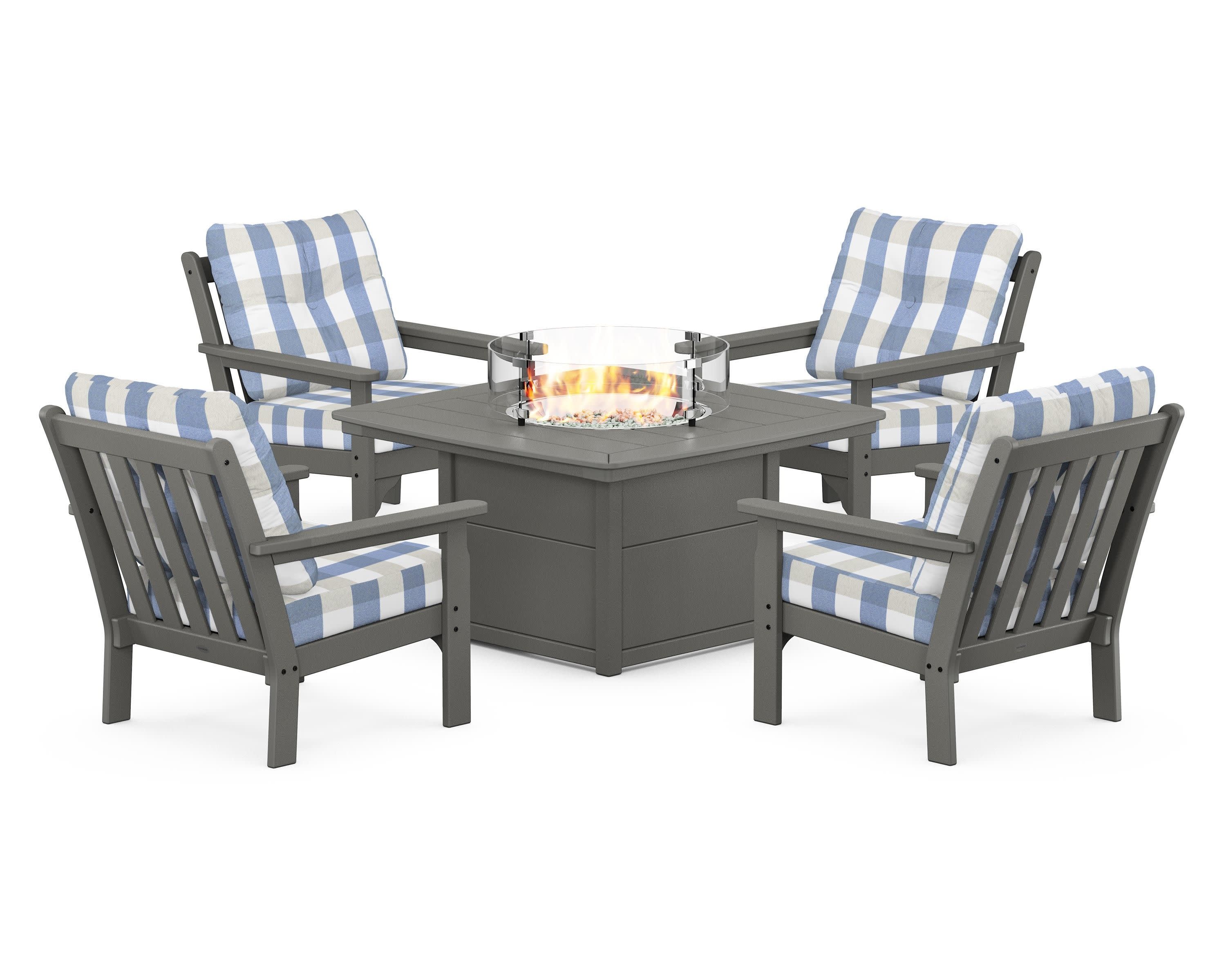 Vineyard 5-Piece Conversation Set with Fire Pit Table in Slate Grey / Buffalo Plaid Sky Blue