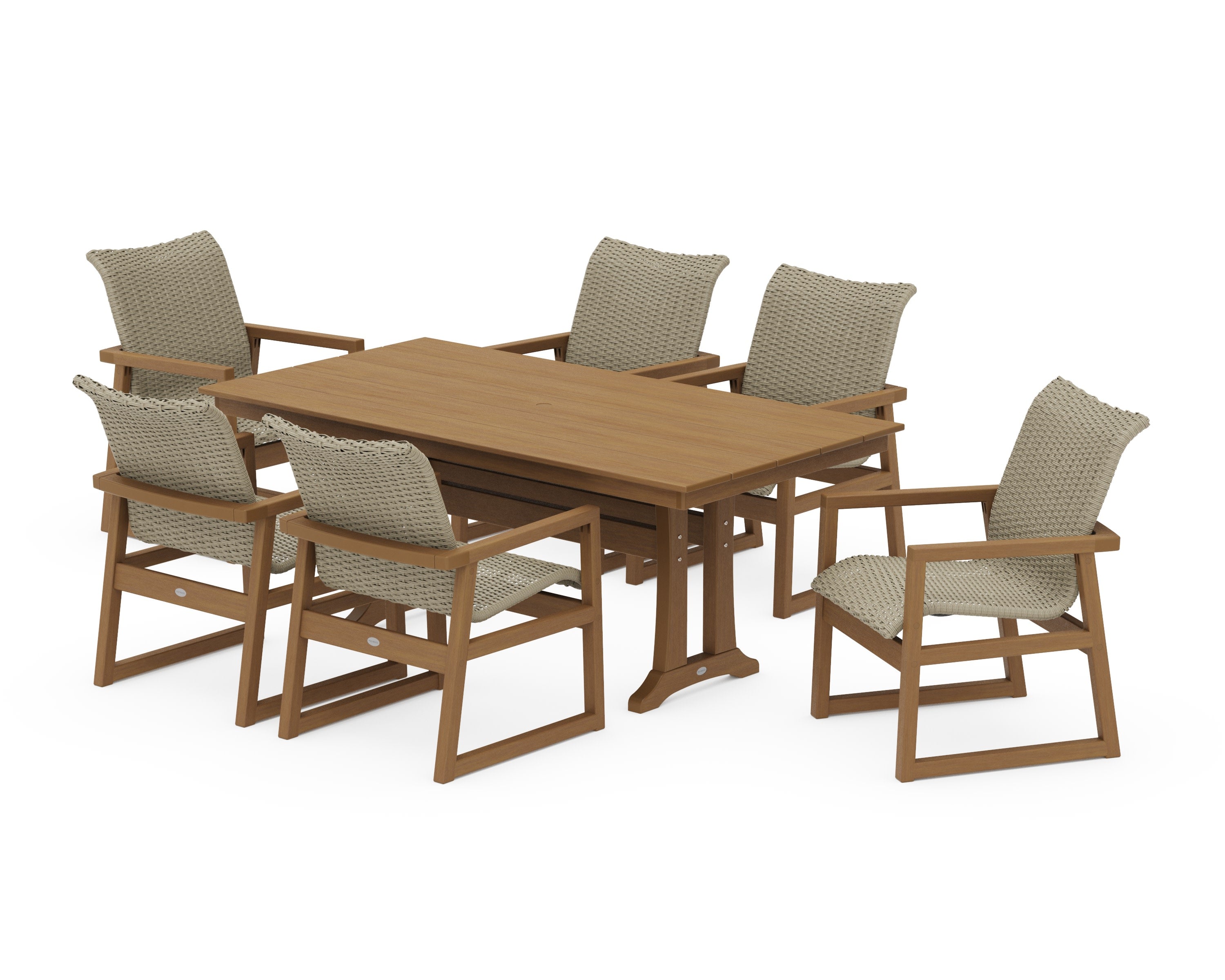 EDGE Woven Arm Chair 7-Piece Farmhouse Dining Set with Trestle Legs in Natural / Dune Grass