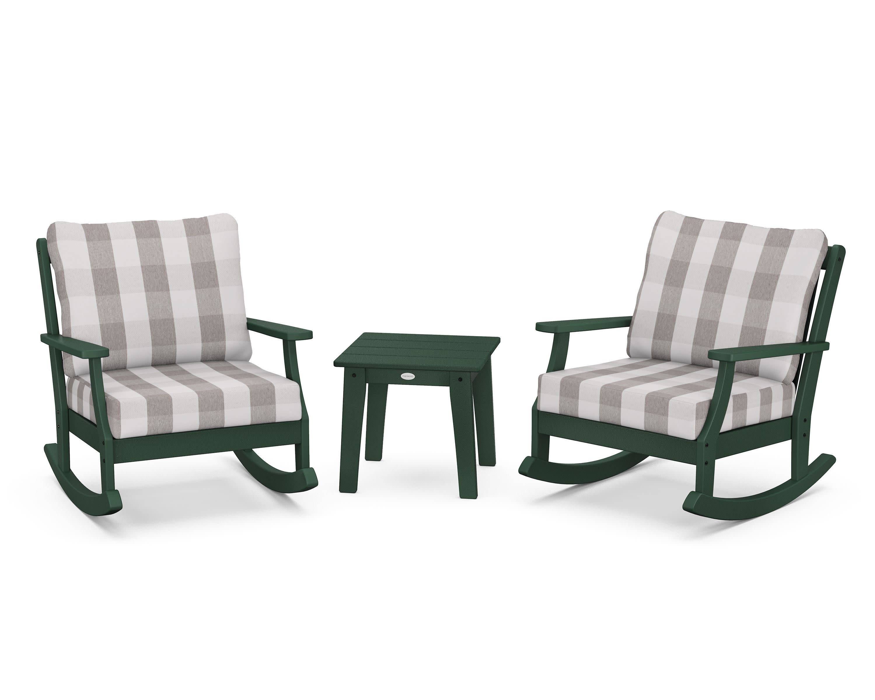 Braxton 3-Piece Deep Seating Rocker Set in Green / Buffalo Plaid Grey Mist