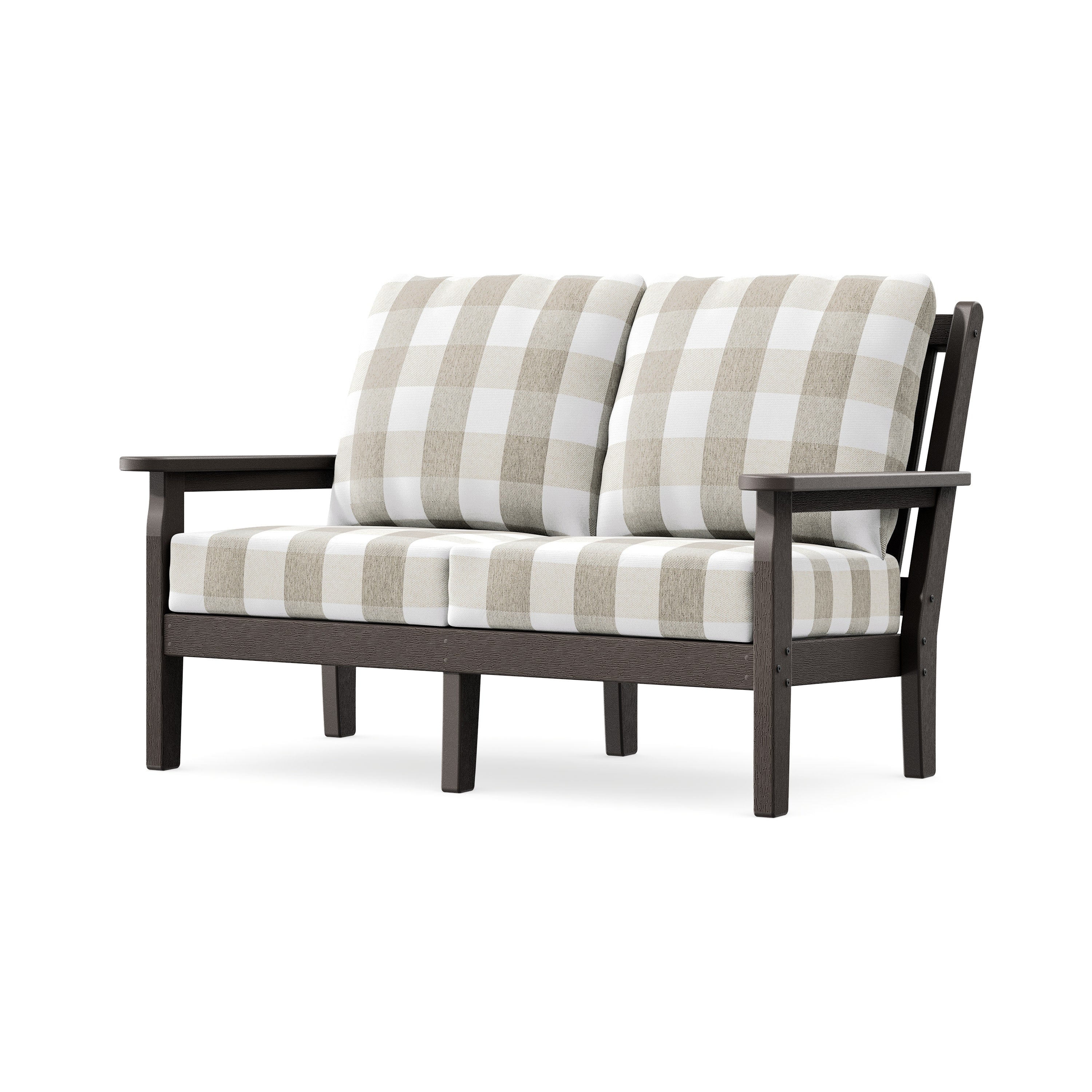 Chippendale Deep Seating Loveseat in Vintage Coffee / Buffalo Plaid Dune Burlap