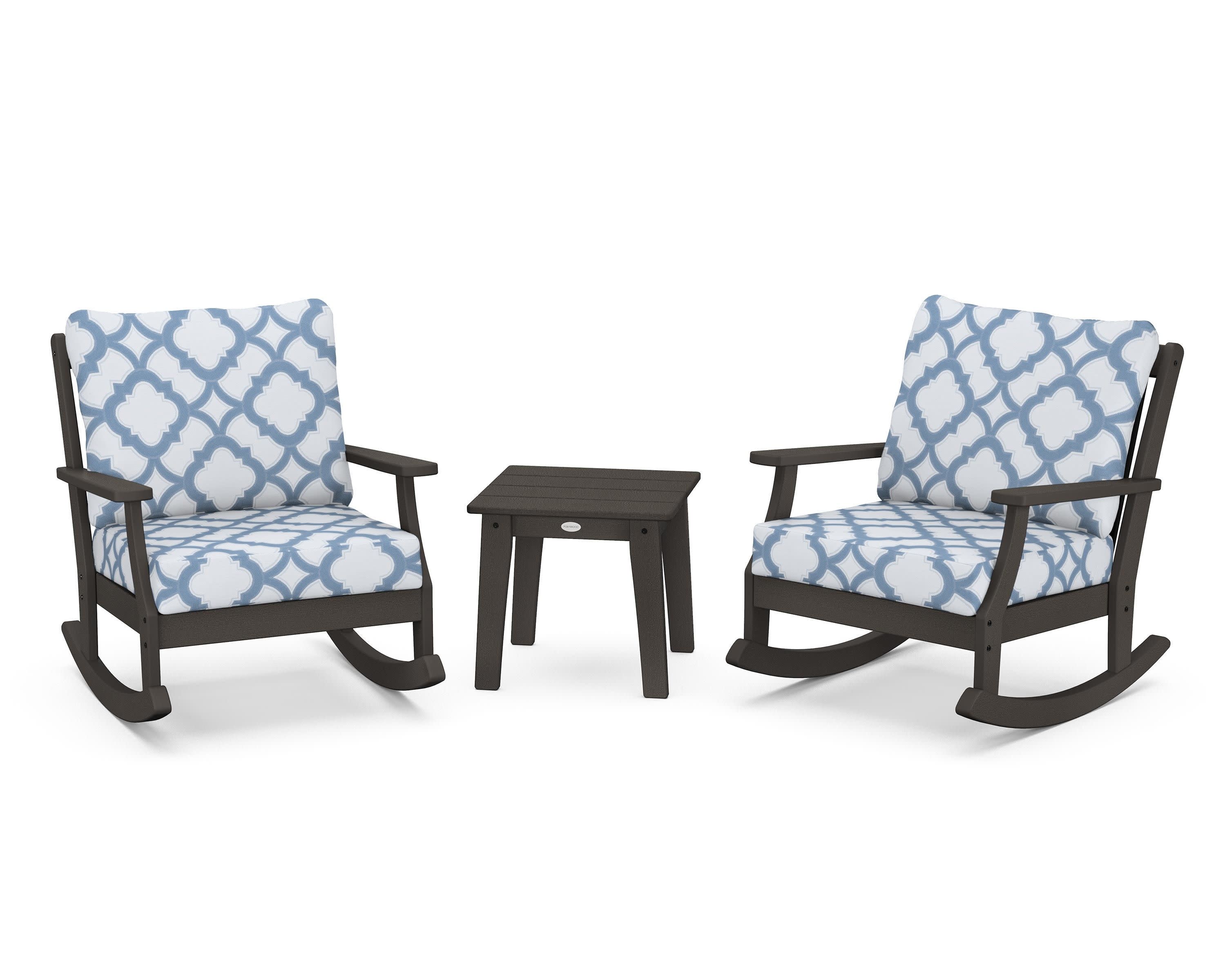 Braxton 3-Piece Deep Seating Rocker Set in Vintage Coffee / Trellis Sky Blue